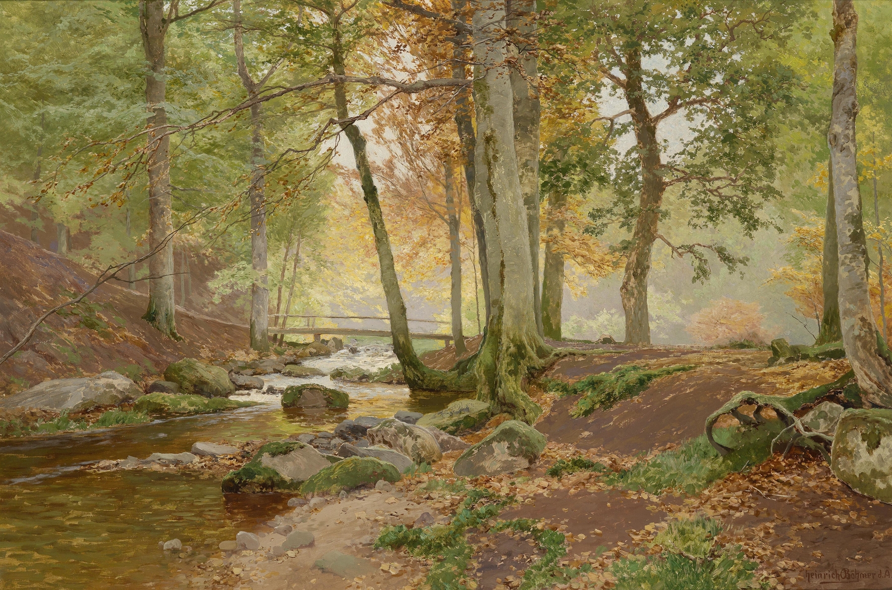 Waldlandschaft by Heinrich Böhmer, oil painting depicting a lush forest landscape.