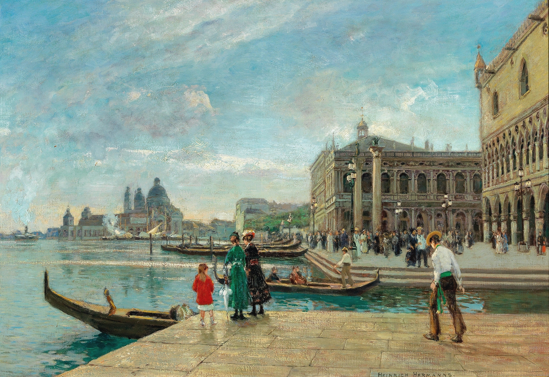 Oil painting by Heinrich Hermanns depicting Venice's St Mark’s Columns and Santa Maria della Salute