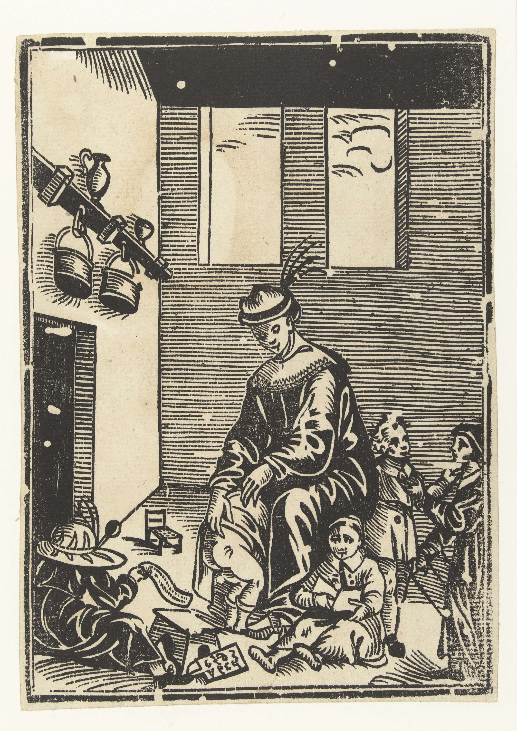 Interior scene of a classroom with a schoolmaster and children, paper artwork by Unknown Artist