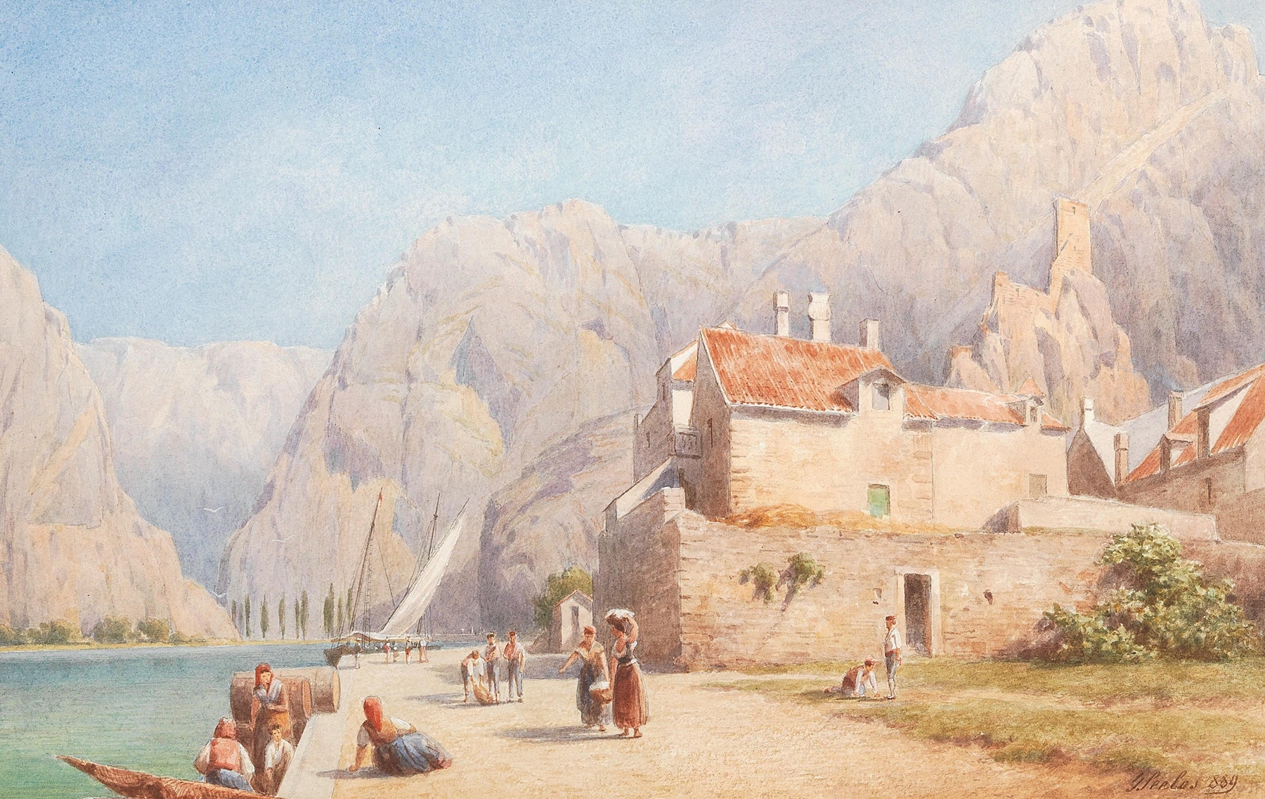 Landscape of a southern coastline with mountains, oil painting by Gottfried Seelos