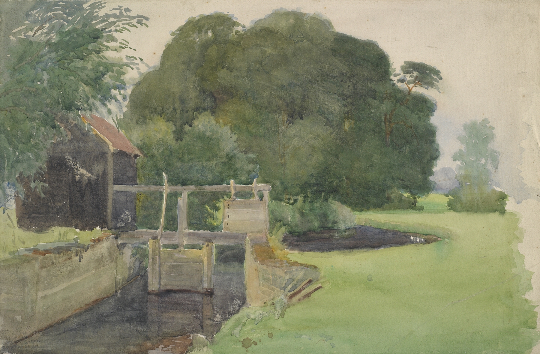 Landscape with lock gate, oil painting by Sir George Clausen