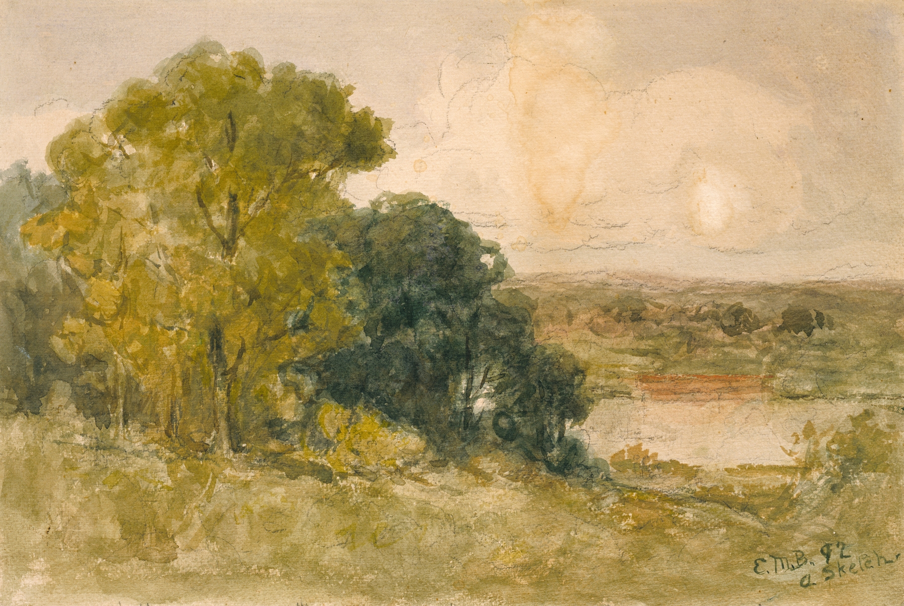 On the Seekonk by Edward Mitchell Bannister, oil on canvas depicting a vibrant river landscape.