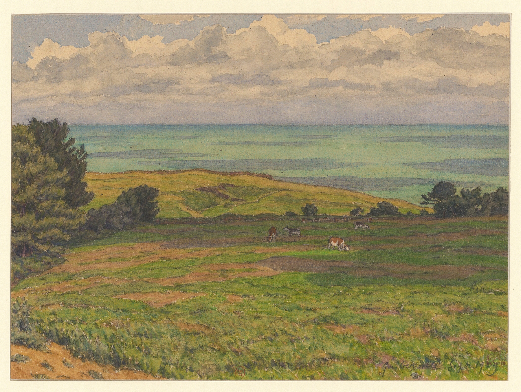 Marine scene depicting a shoreline in oil painting by Henri Rivière