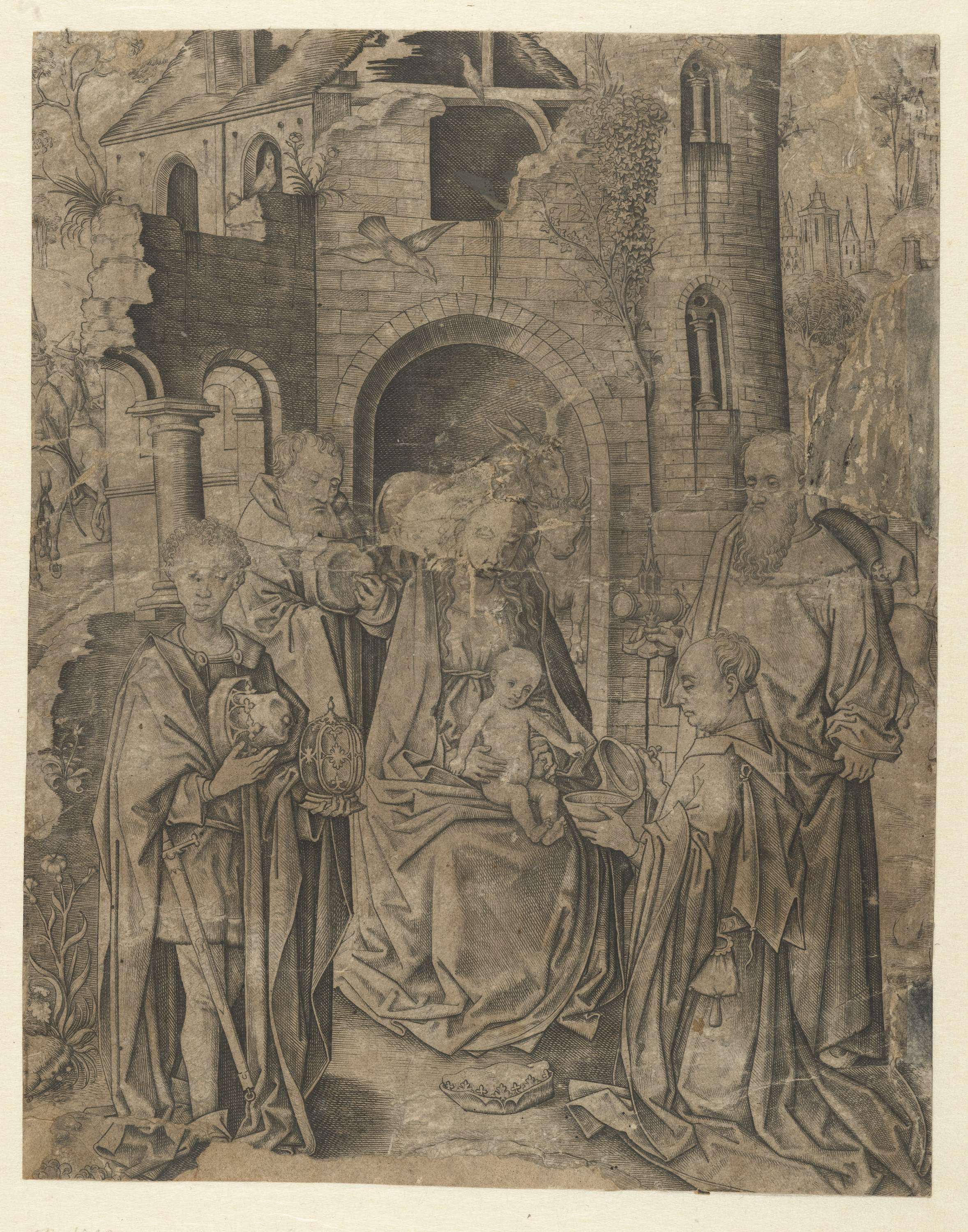 Engraving by Meester IAM van Zwoll depicting three kings with gold leaf and shadow