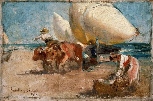 A vibrant beach scene by Joaquín Sorolla depicting lively figures and bright colors.