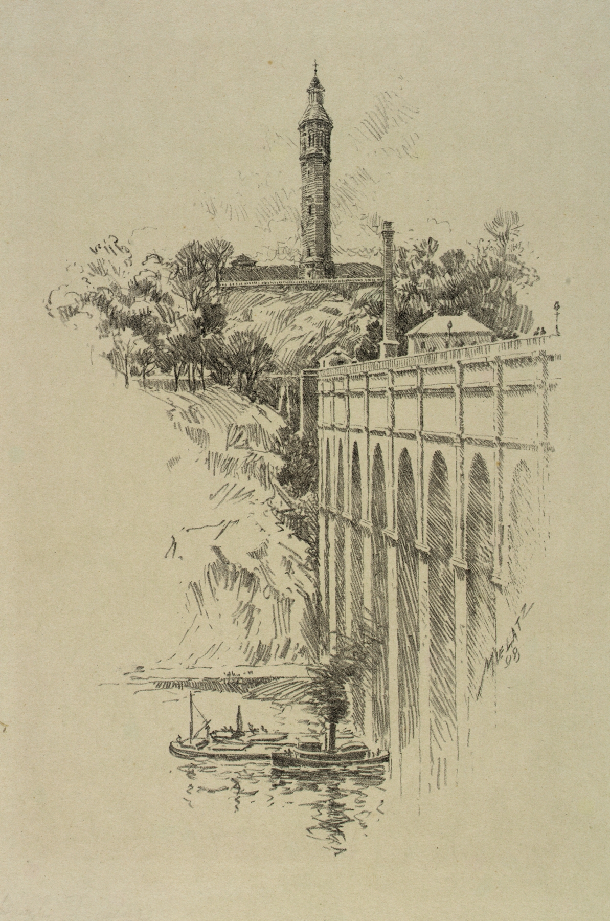 Highbridge etching by Charles Frederick William Mielatz depicting a bridge over a river