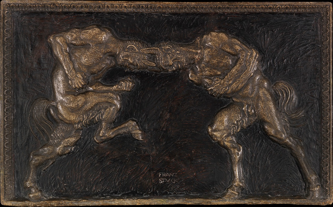 Franz von Stuck's painting 'Kämpfende Faune' depicts a dynamic struggle between mythical creatures.