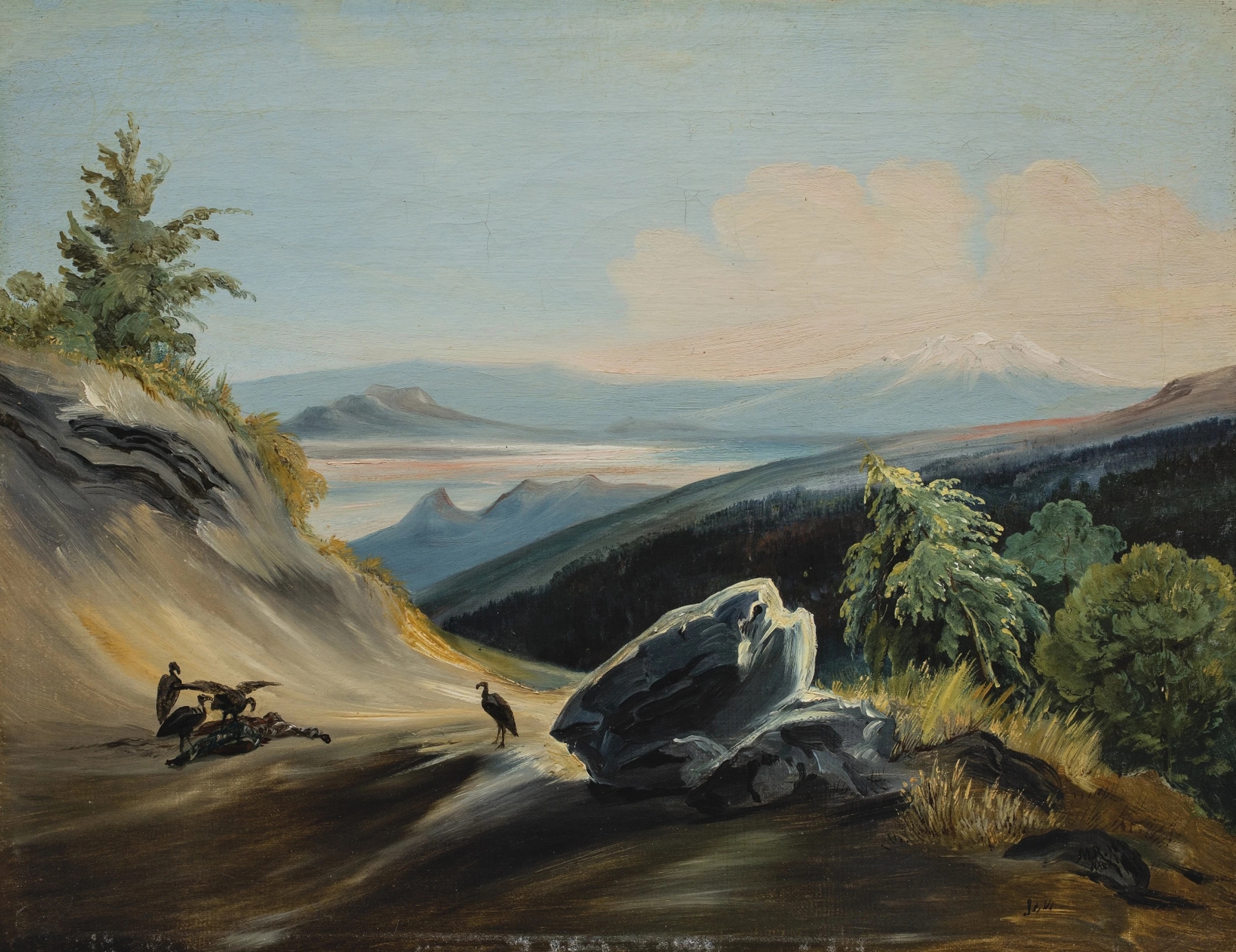 Oil painting by Johann Moritz Rugendas depicting a landscape with a path and Iztaccíhuatl mountain.