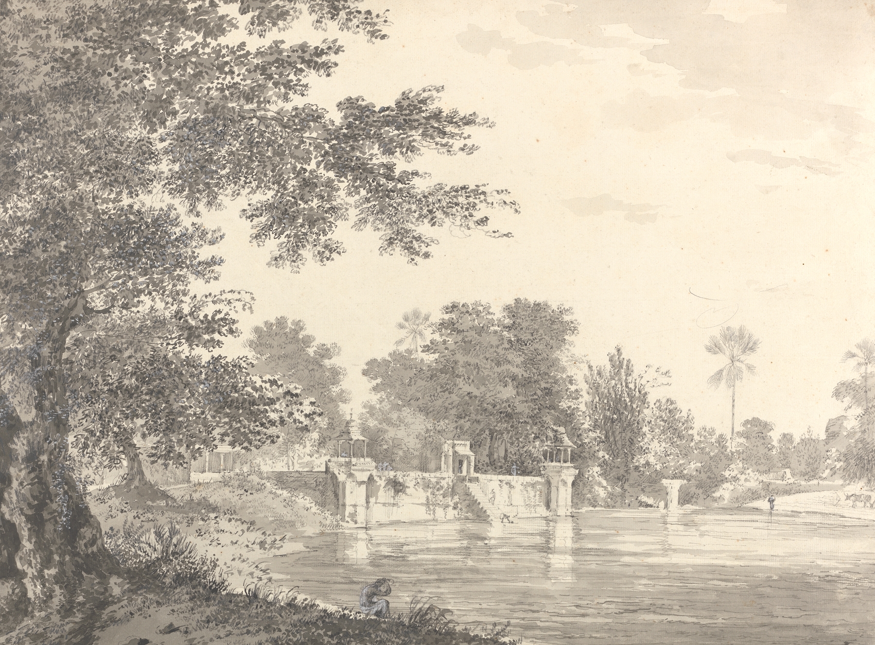 Landscape drawing of mountains and river by William Hodges, ink on paper
