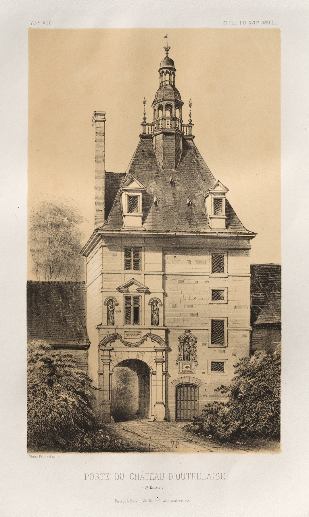 Porte du Château d’Outrelaise, oil on canvas by Victor Petit, featuring a grand archway and landscape.