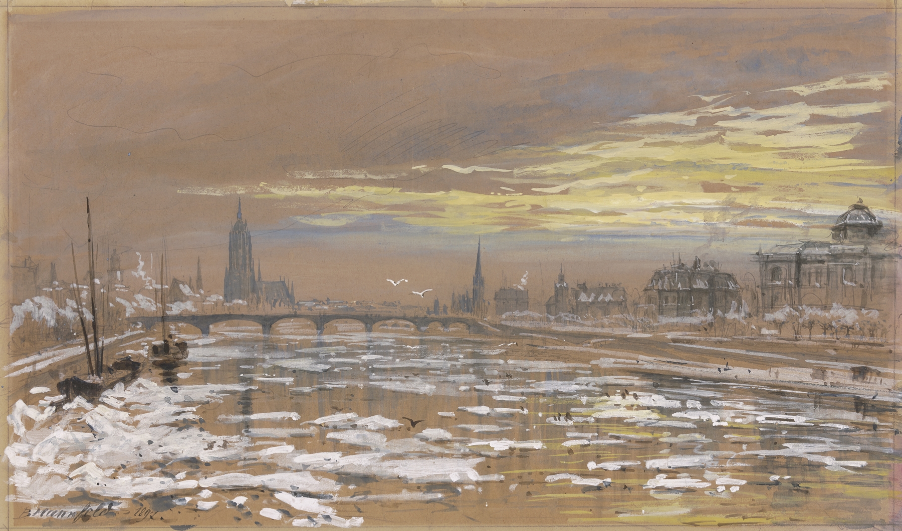 River landscape in winter by Bernhard Mannfeld, featuring distant buildings and cool hues.