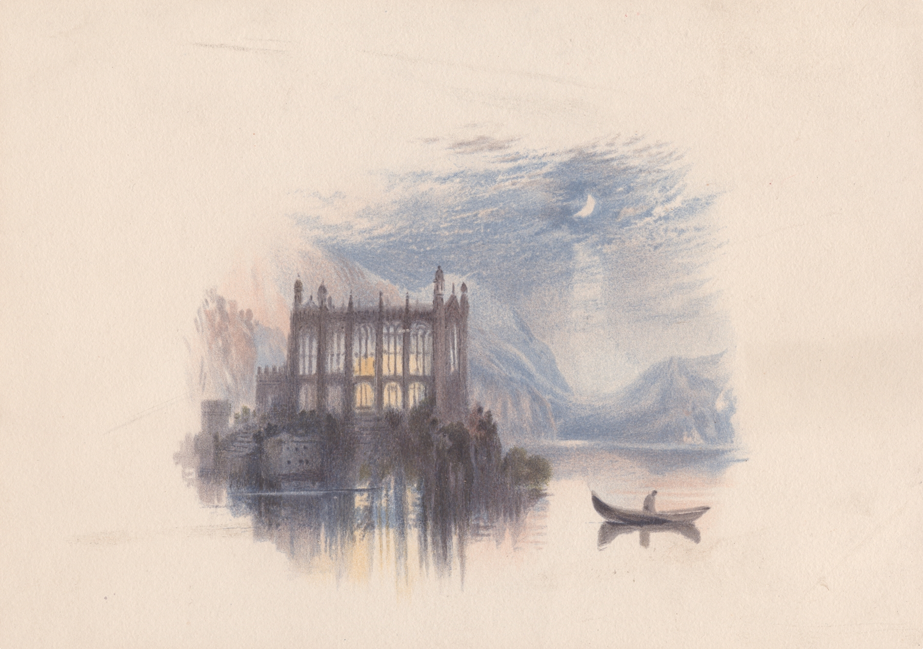 St. Herbert’s Chapel by M.H. Long, oil painting depicting a tranquil landscape with light and shadow.