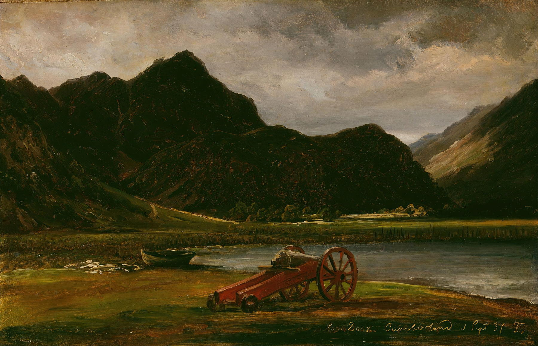 Landscape of Derwentwater with mountains and golden light, oil painting by Thomas Fearnley