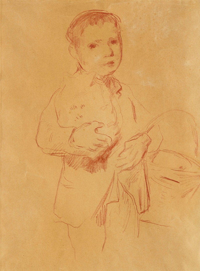 A young boy carries a basket in this charming painting by Albert Anker.
