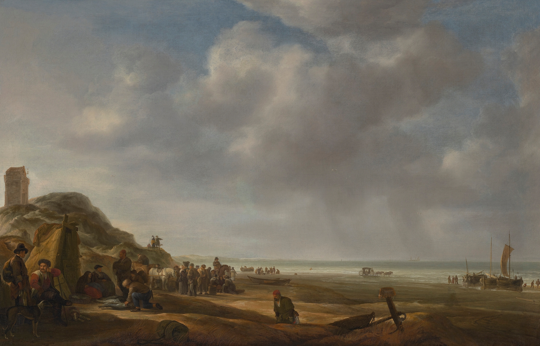 A beach scene with fishermen displaying their catch, by Simon de Vlieger, public domain