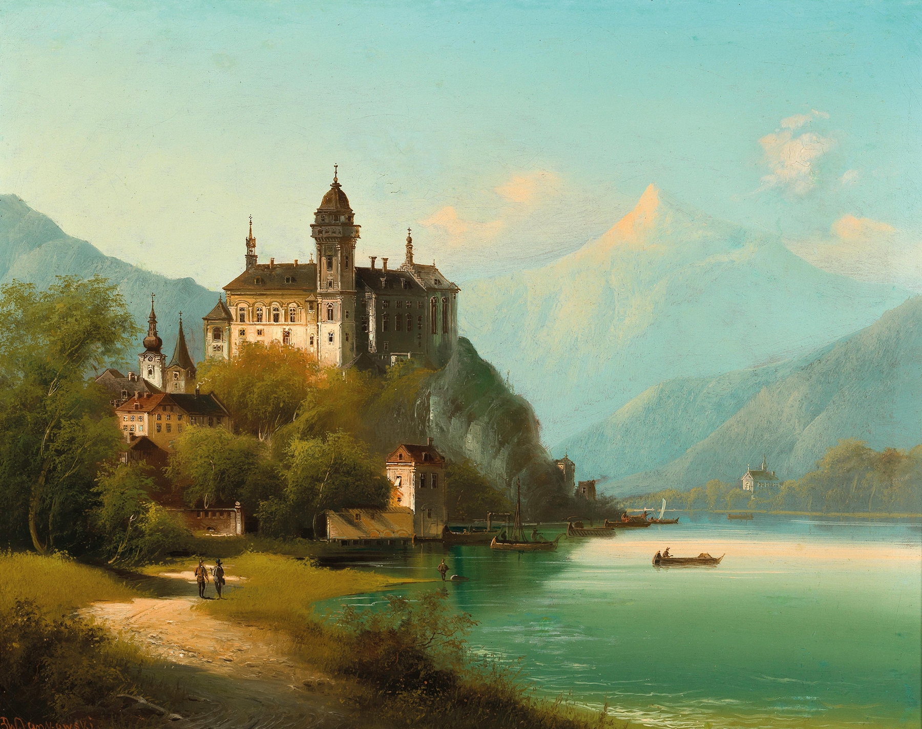Oil painting by Johann Wilhelm Jankowsky of a castle by a mountain lake