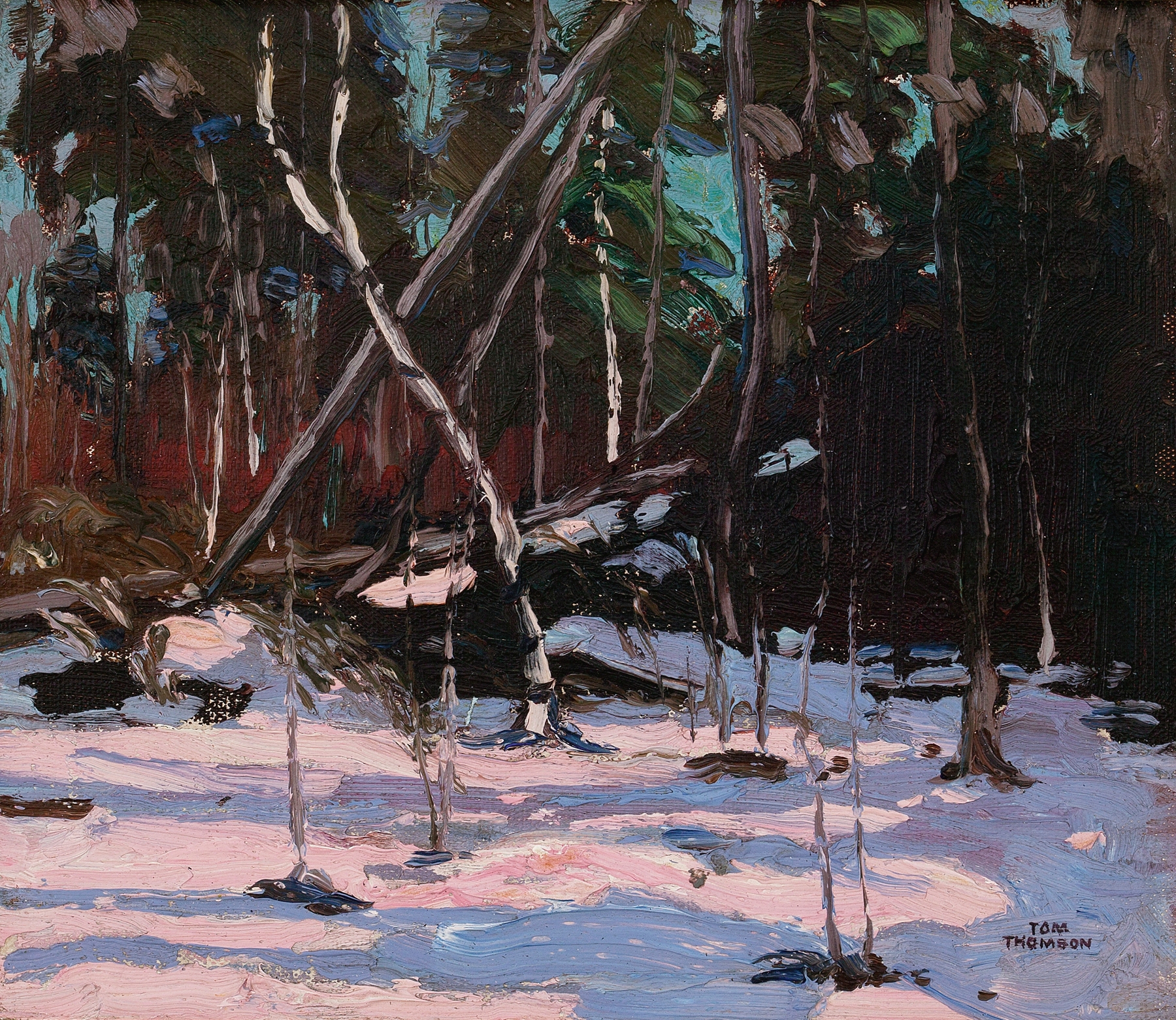 Winter landscape with snow and evergreens, oil on canvas by Tom Thomson
