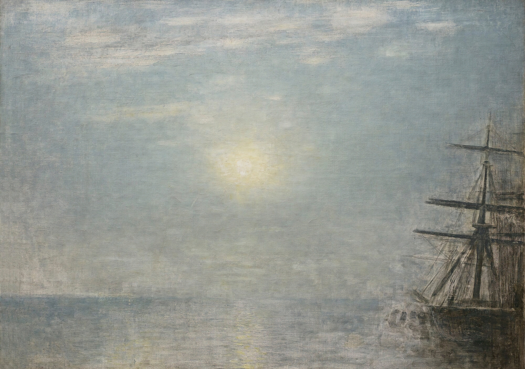 Marine scene by Vilhelm Hammershøi, depicting the sea and horizon in soft light, oil painting