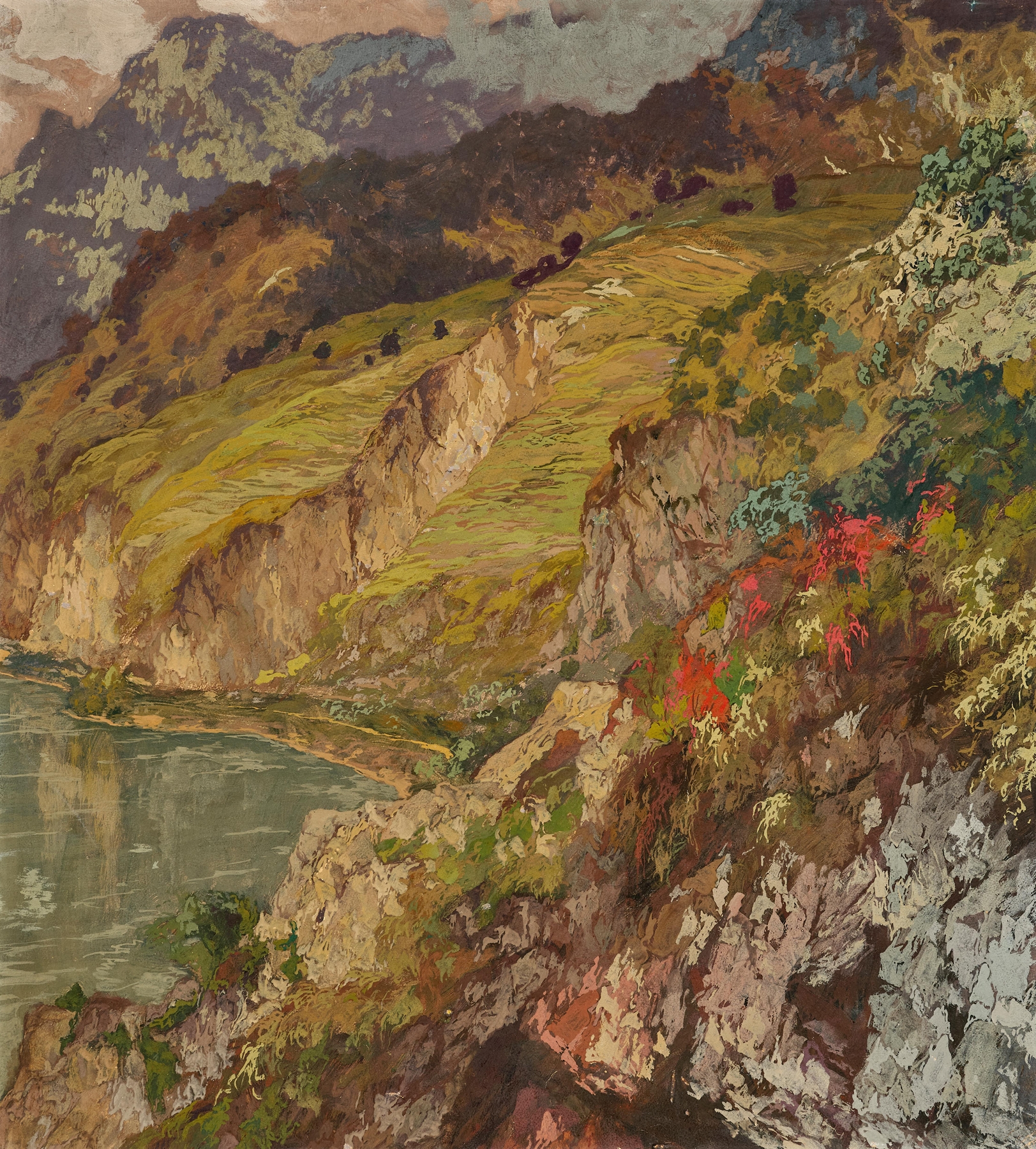 Alpine lake and rose, oil on canvas by Hugo Hodiener
