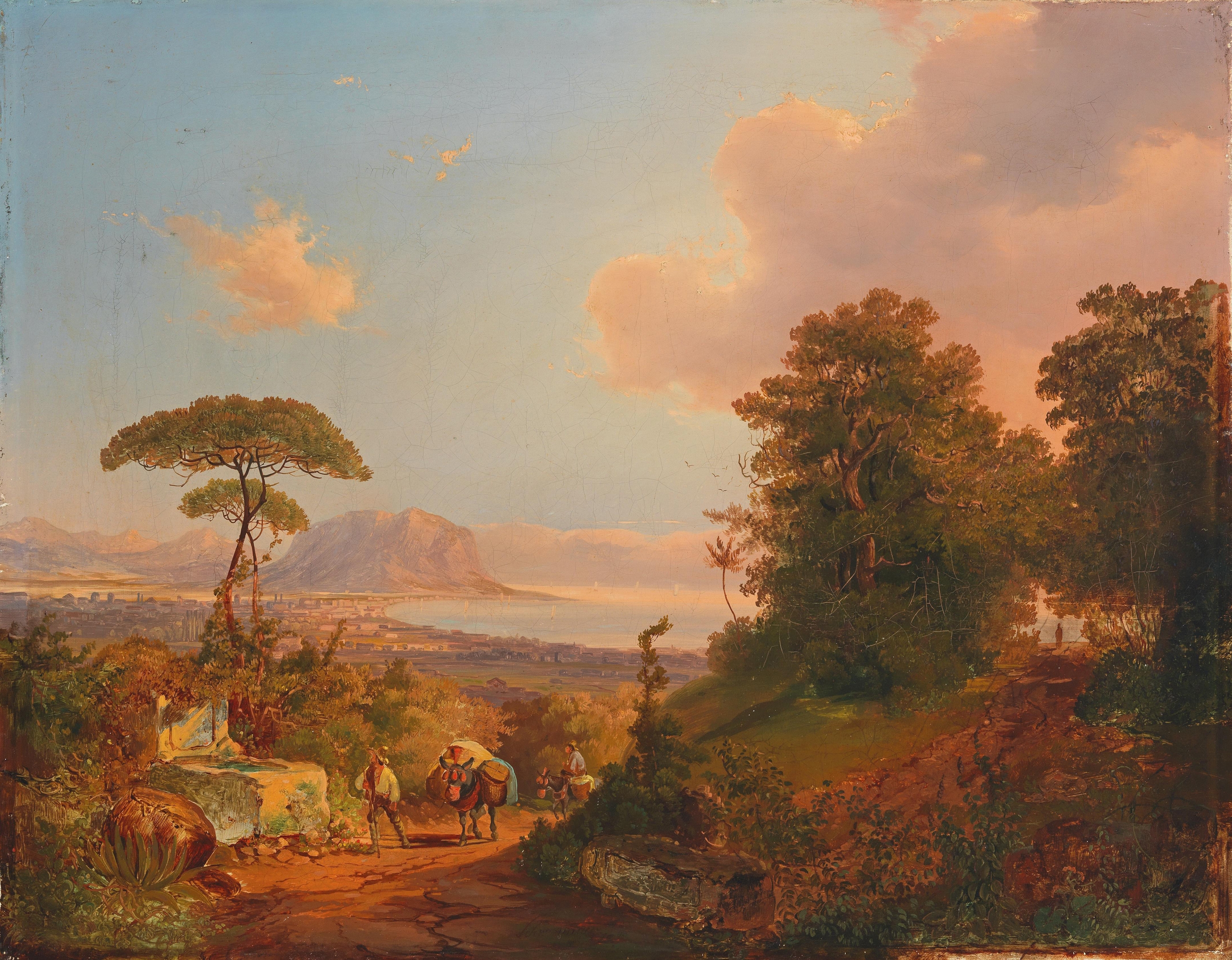Blick In Die Bucht Von Palermo, oil on canvas by Carl Schweninger, depicting a sunset over the bay.