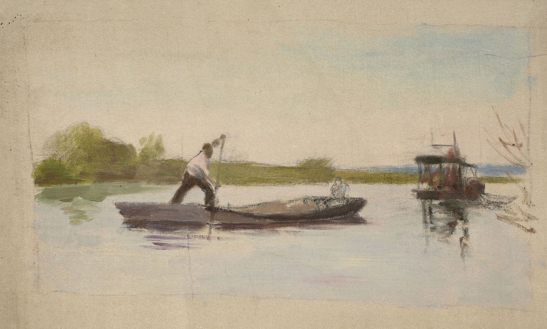 Homme dirigeant une péniche sur un fleuve by Jeanne Jegou-Cadart, impressionism, depicting a figure on a river