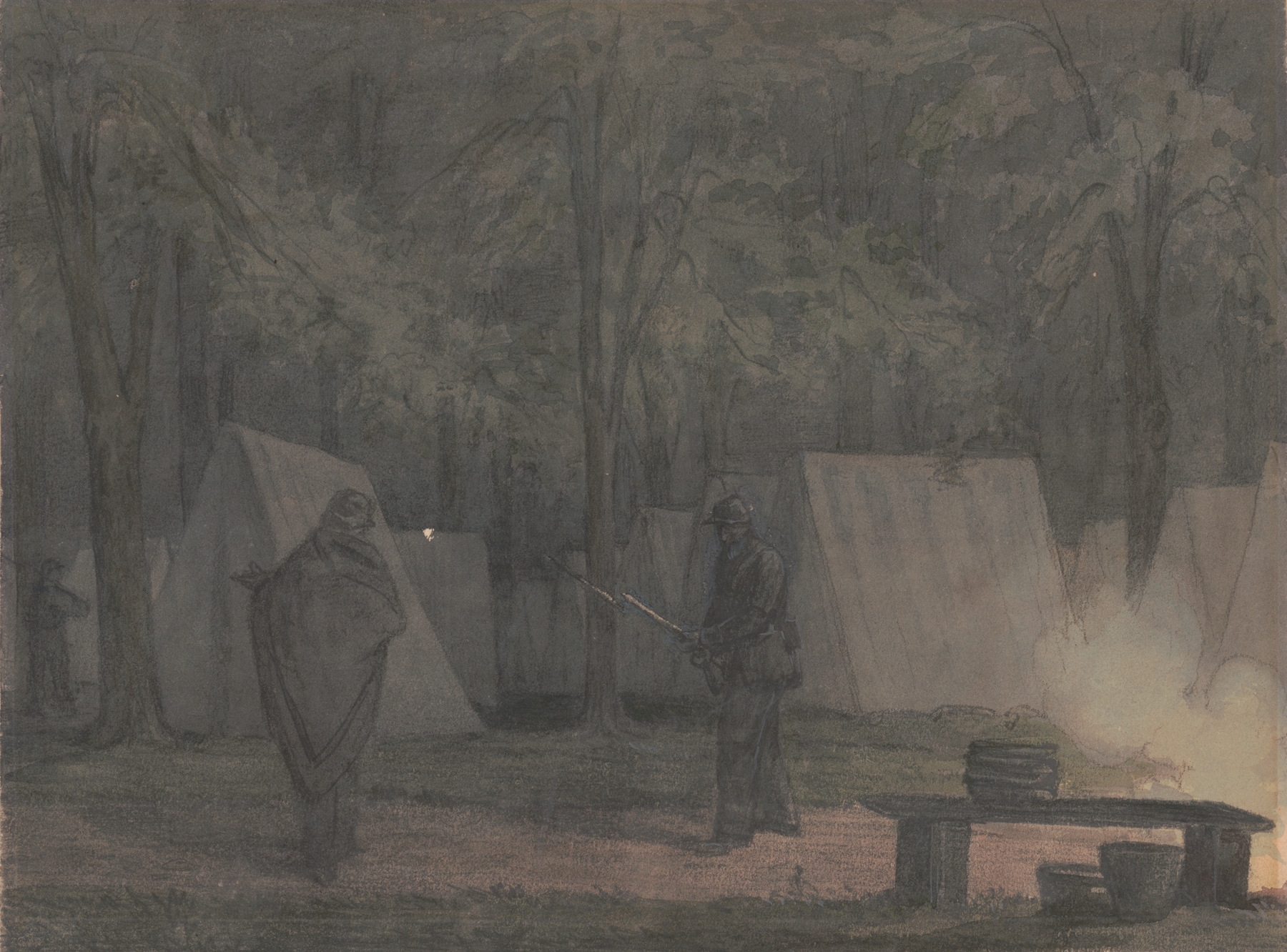 Sketches with Co. B, 8th Reg. Pa. Ma. under the officers of the old Southwark Gaurd. ‘Capitol grounds’ Harrisburg, by James Fuller Queen, public domain