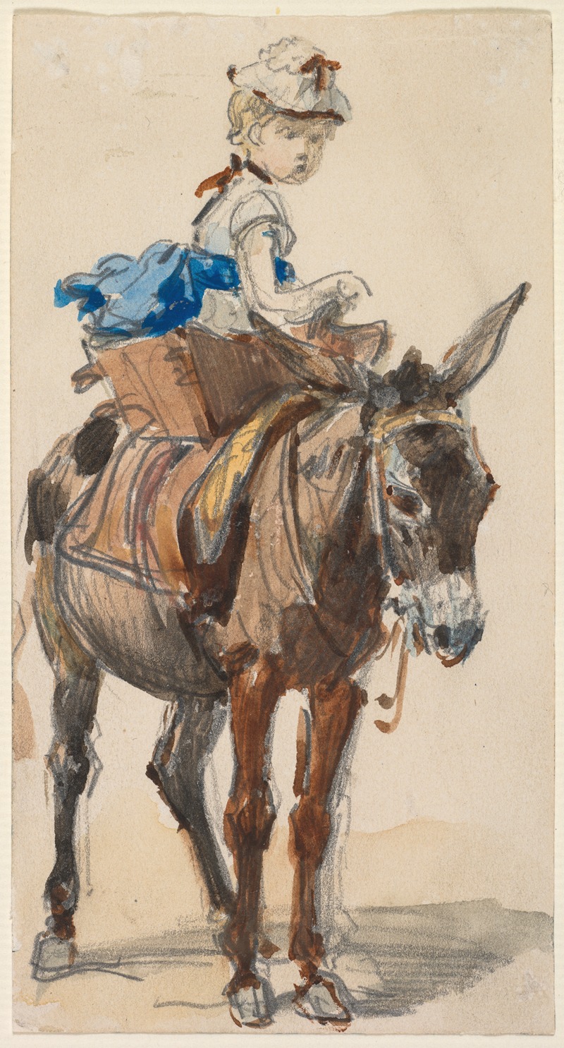 A young girl riding a donkey in a pastoral setting.