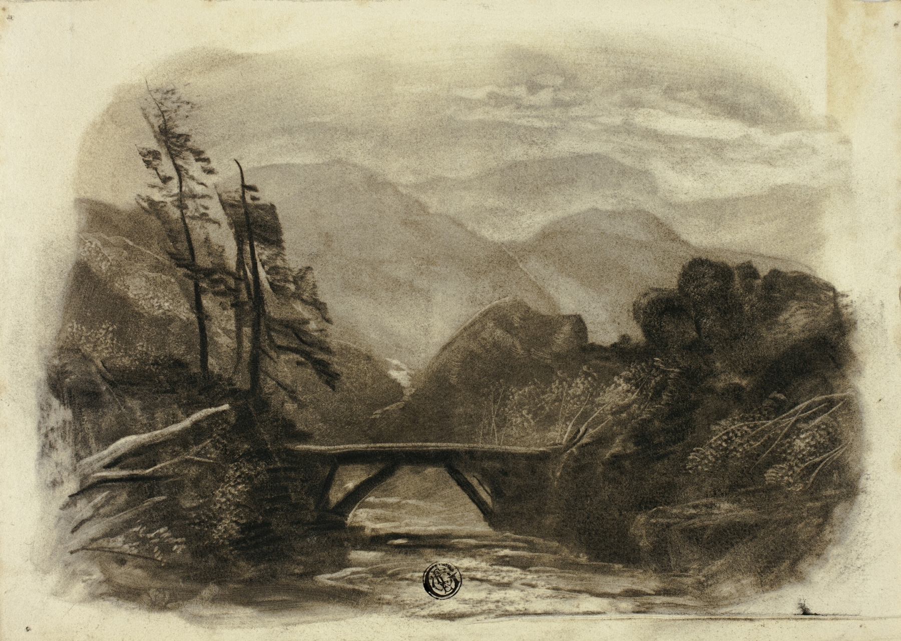 Mountain Stream with Small Bridge II, by Elizabeth Murray, public domain