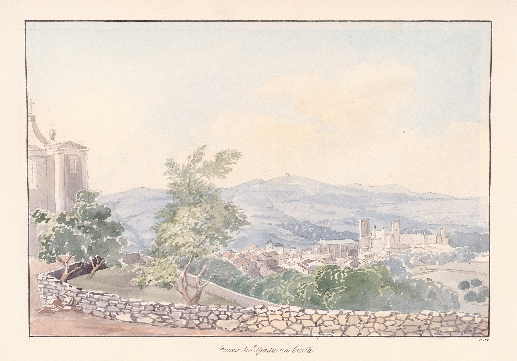 Watercolour on paper by Charles Hamilton Smith depicting a landscape with greenery and a melancholic sky.