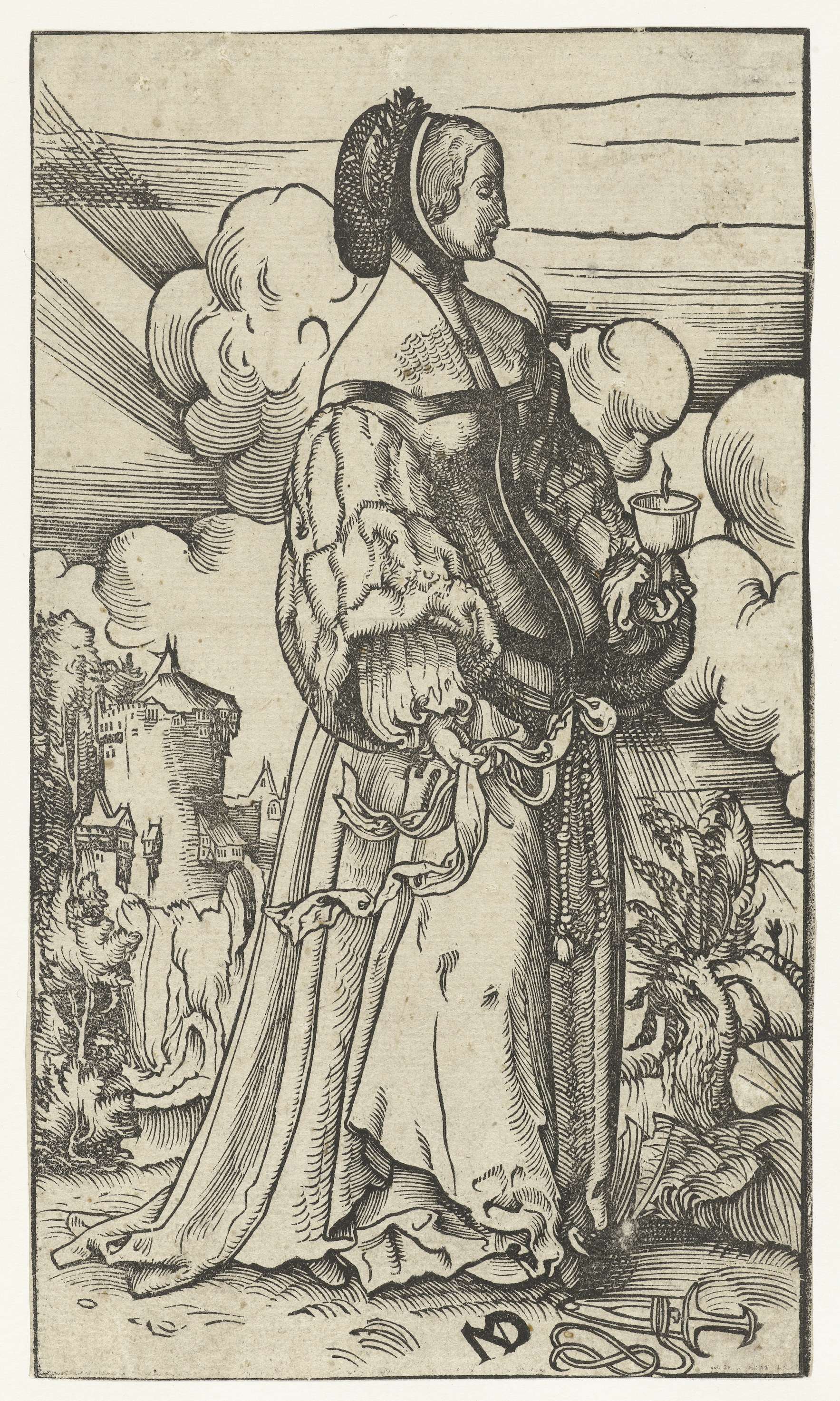 Figurative artwork of a maiden with a lamp by Niklaus Manuel Deutsch, paper