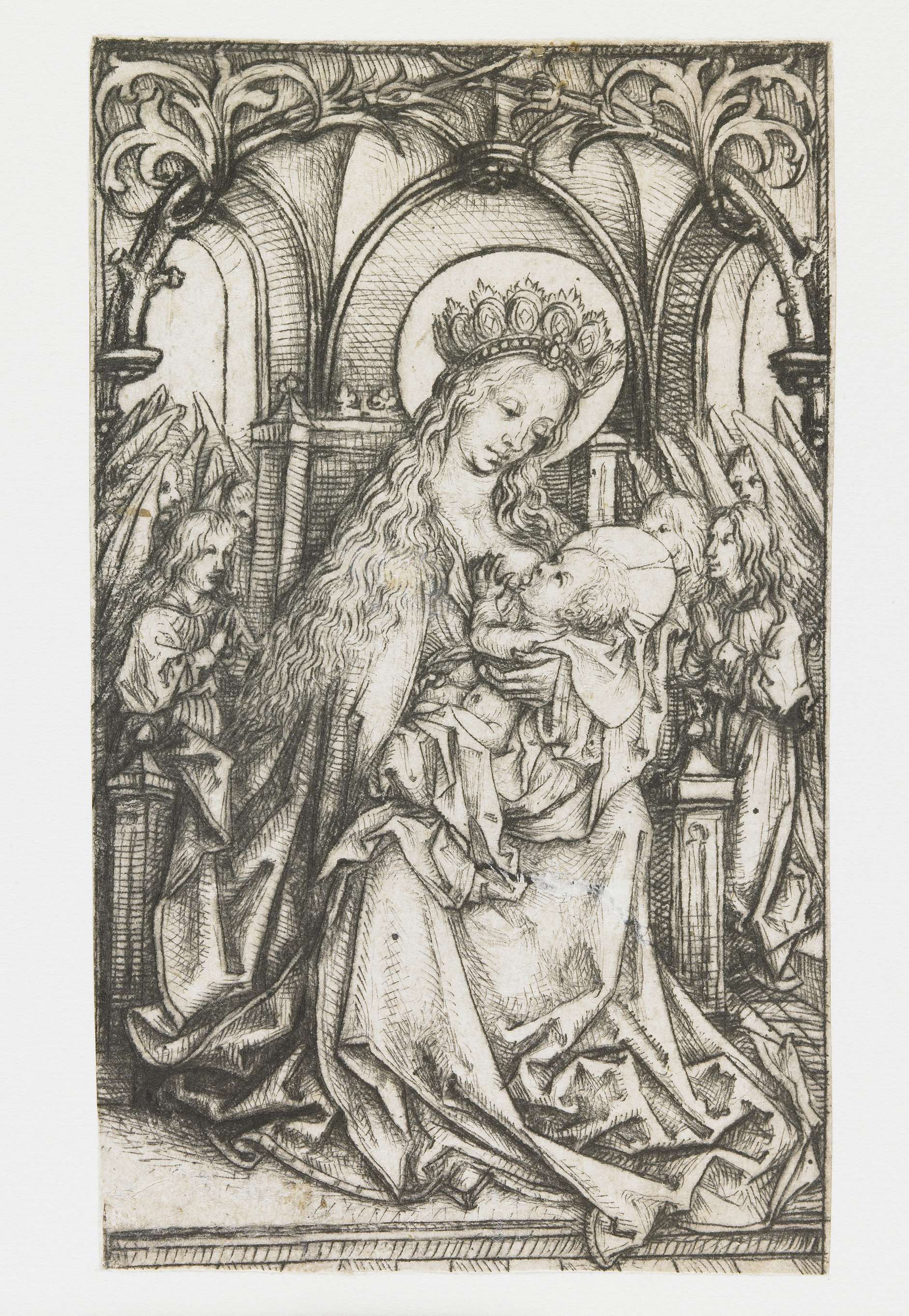 Religious drypoint by Meester van het Amsterdamse Kabinet depicting Madonna and angels.