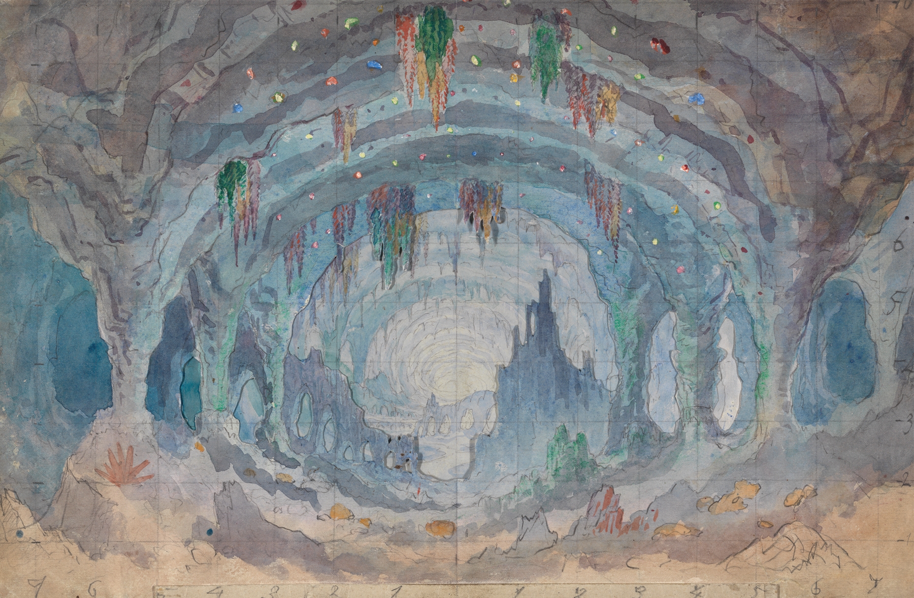 Design for A Blue Grotto, watercolor on paper by Thomas Grieve, featuring tranquil blues and luminous whites.