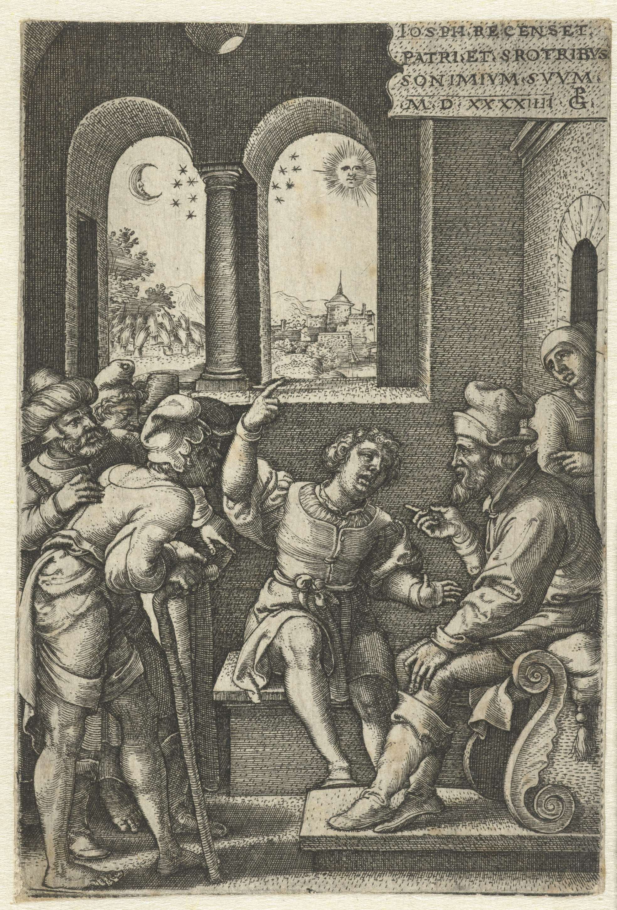 Engraving by Georg Pencz depicting Joseph sharing dreams with Jacob