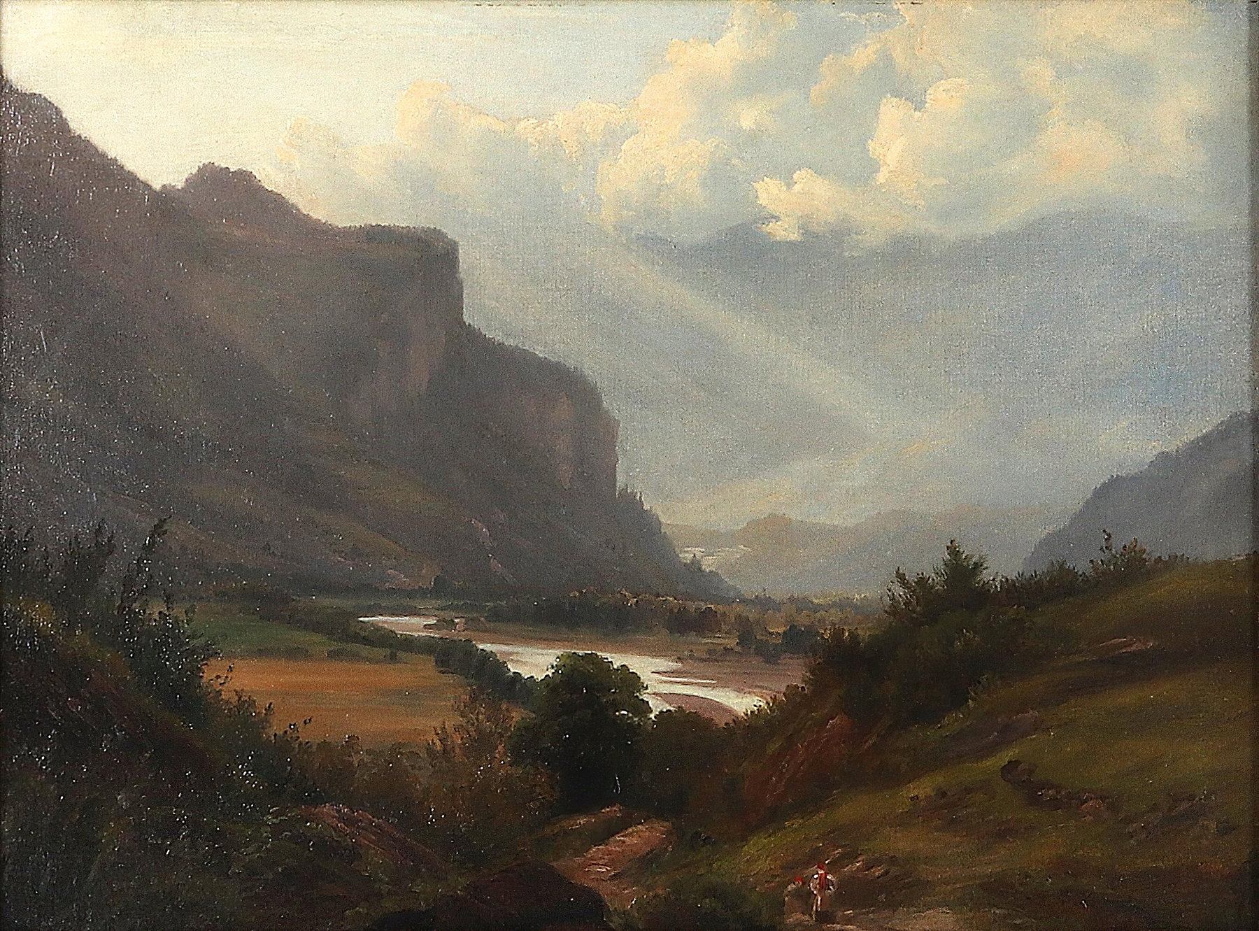 Golling Bei Salzburg by Anton Hansch, oil on canvas depicting a tranquil landscape with a river and hills.