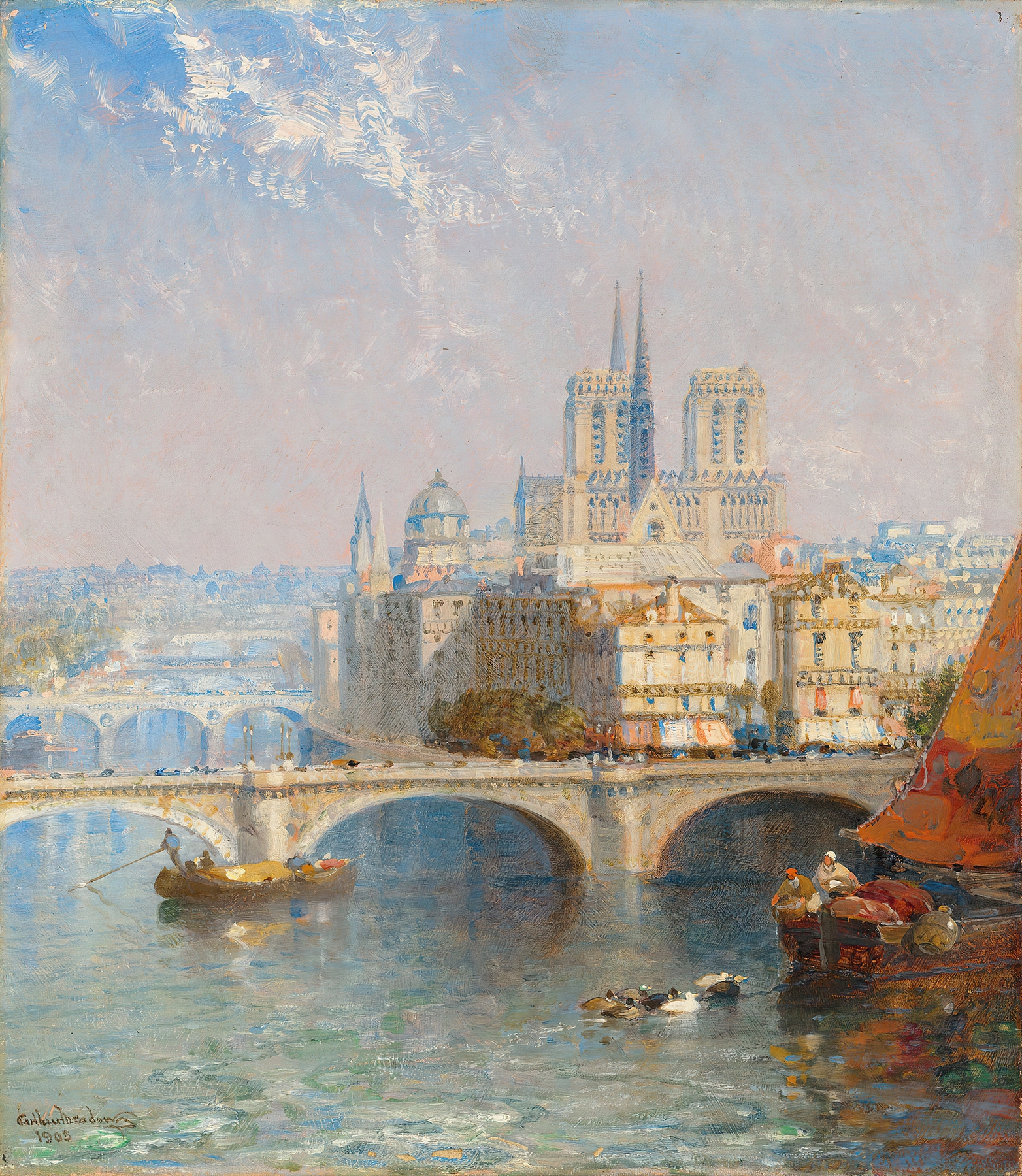 Impressionist oil painting by Arthur Joseph Meadows depicting Notre Dame against a vibrant sky.