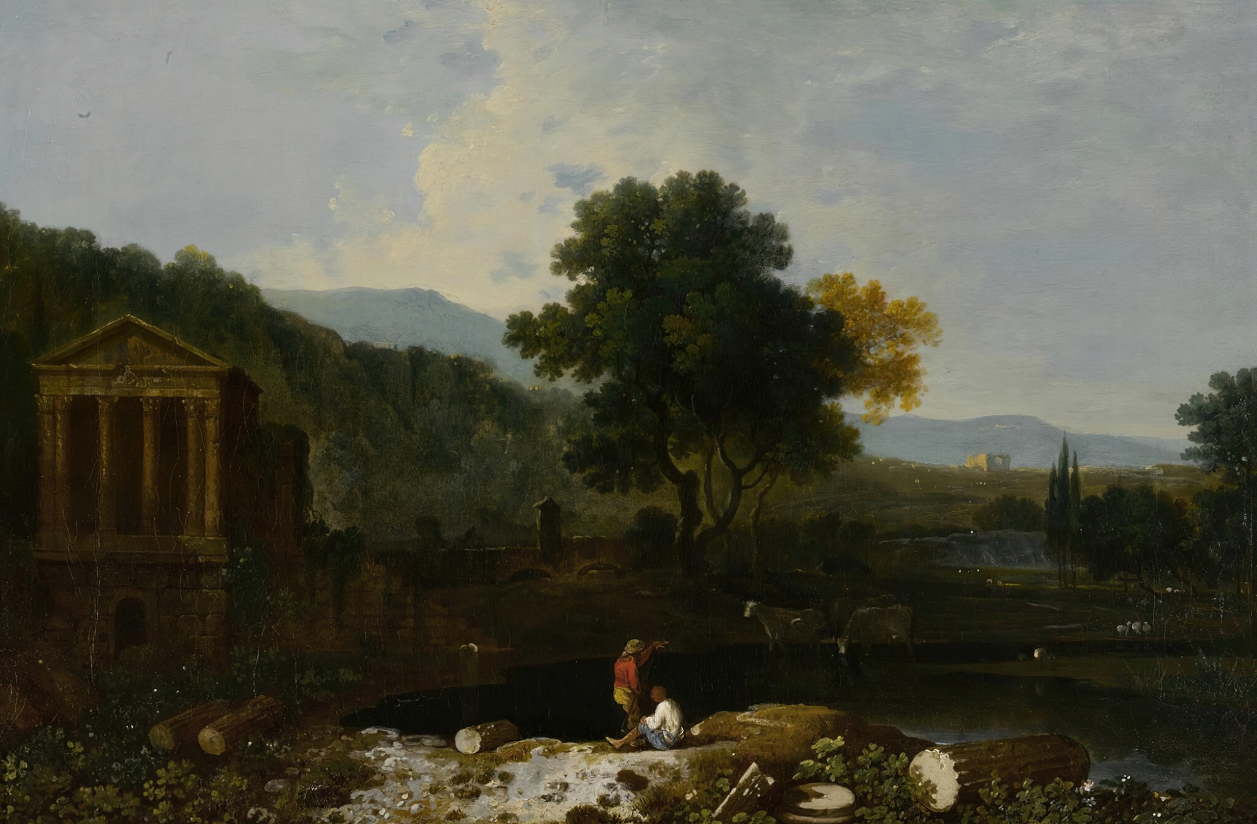 Landscape depicting an Italian river scene with figures and cows by Richard Wilson