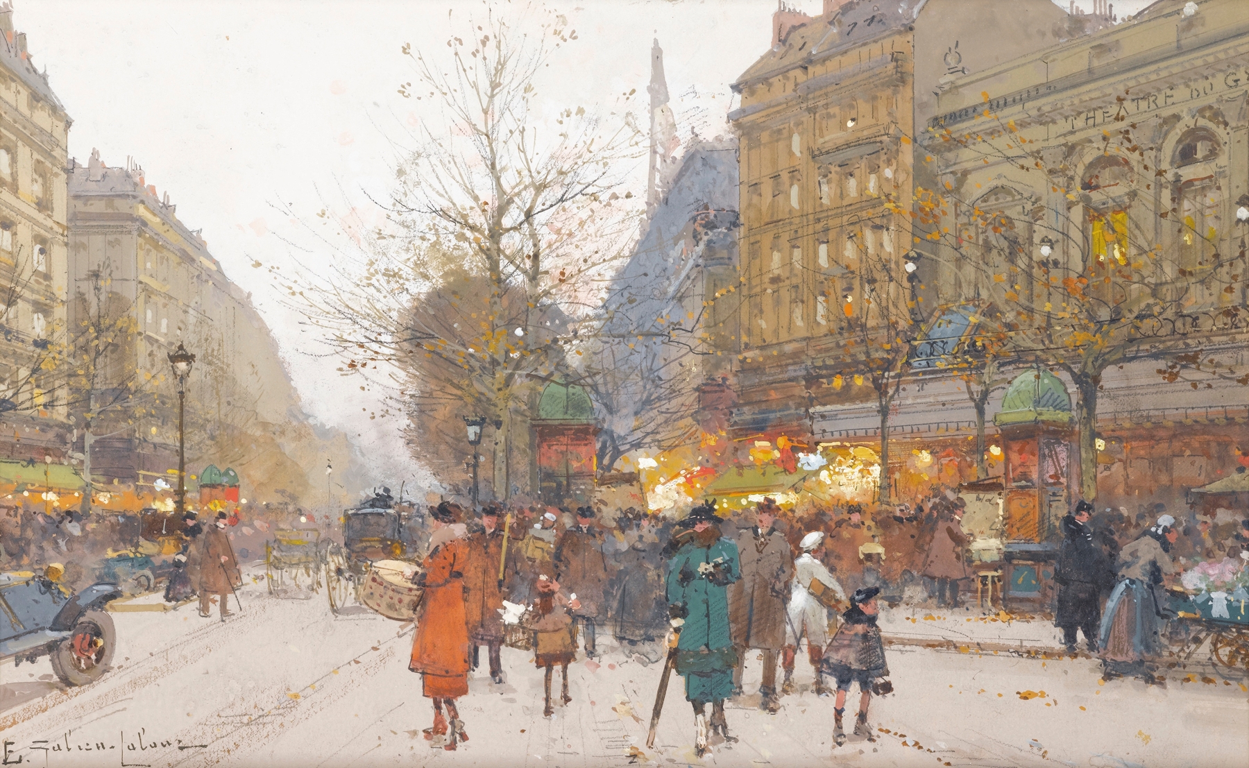 Theatre Du Gymnase, an oil painting by Eugène Galien-Laloue depicting a lively street scene.
