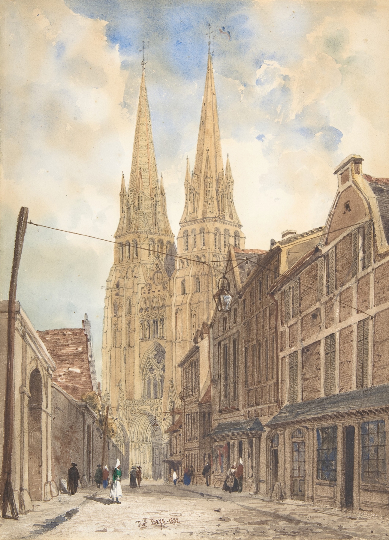 View of Bayeux by Thomas Shotter Boys, oil painting depicting a river, village, and fields
