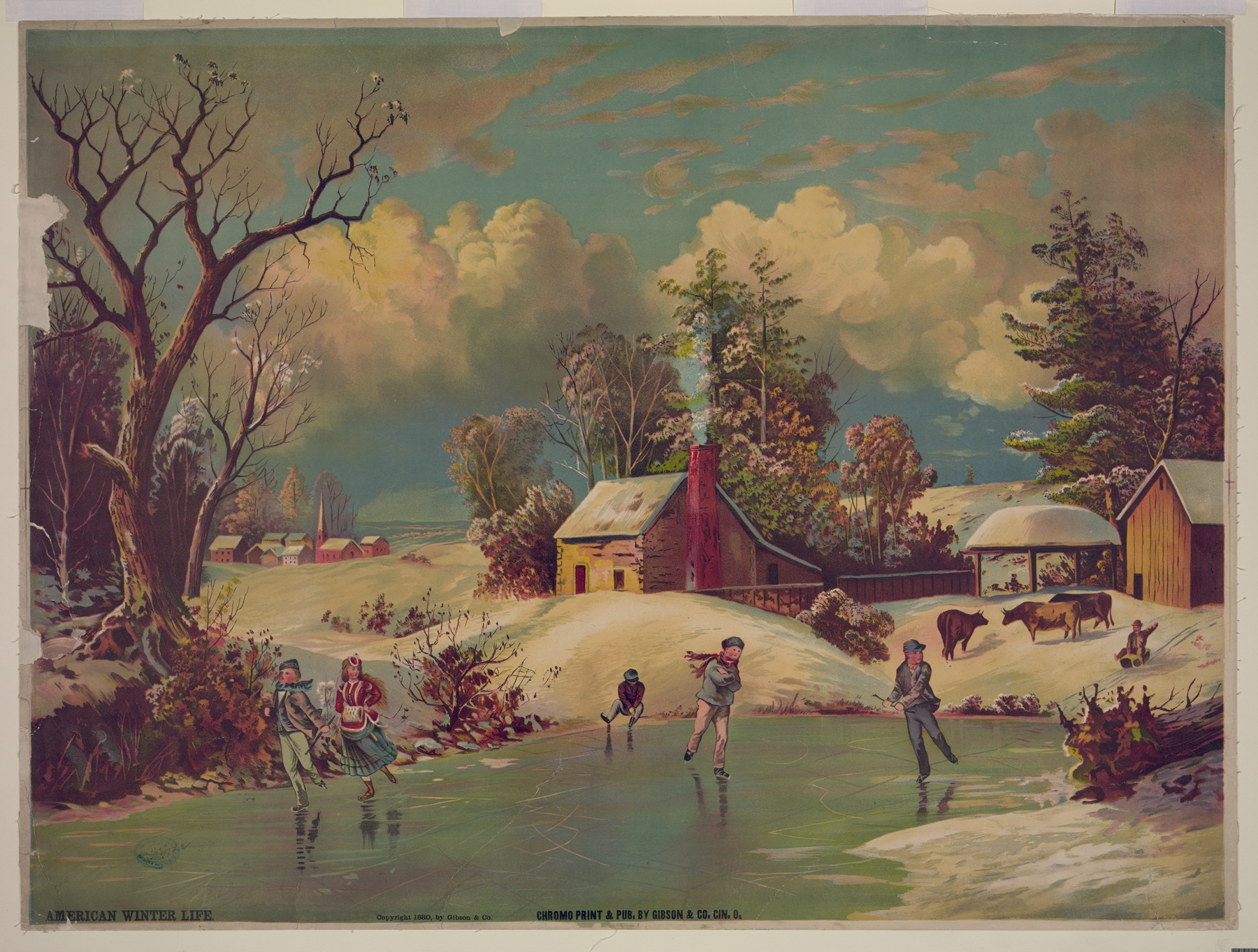 Genre scene depicting winter life, lithograph by Gibson & Co. Lith