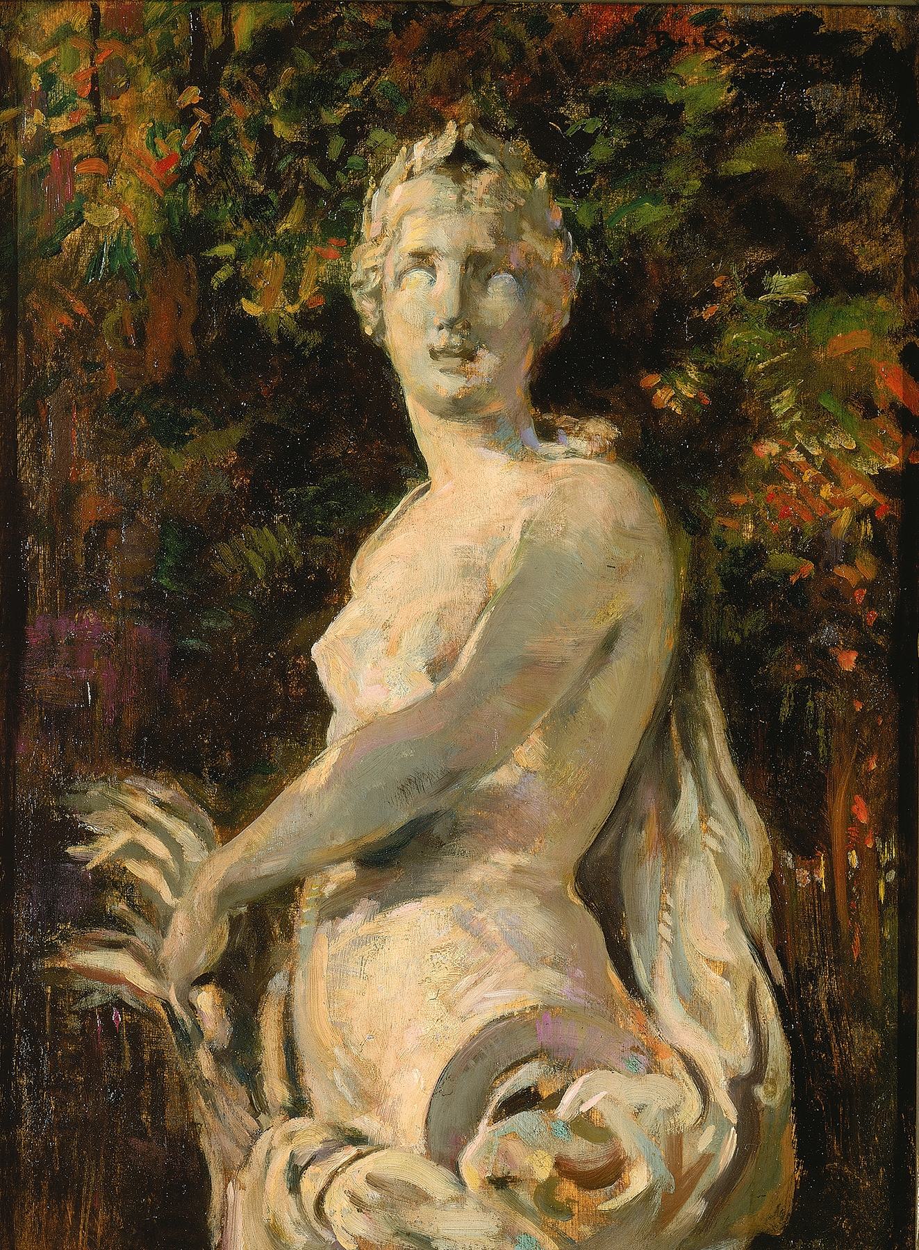 Figurative oil painting by James Carroll Beckwith of an ethereal figure in flowing garments