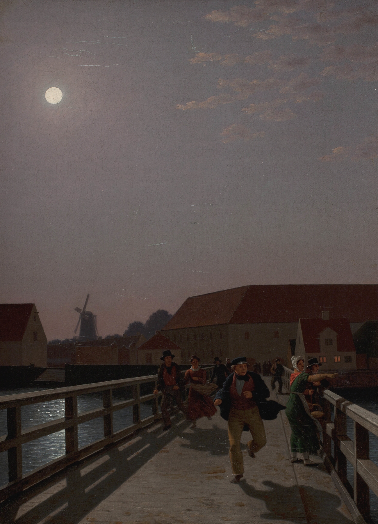 Langebro, Copenhagen, in the Moonlight with Running Figures, by Christoffer Wilhelm Eckersberg, public domain