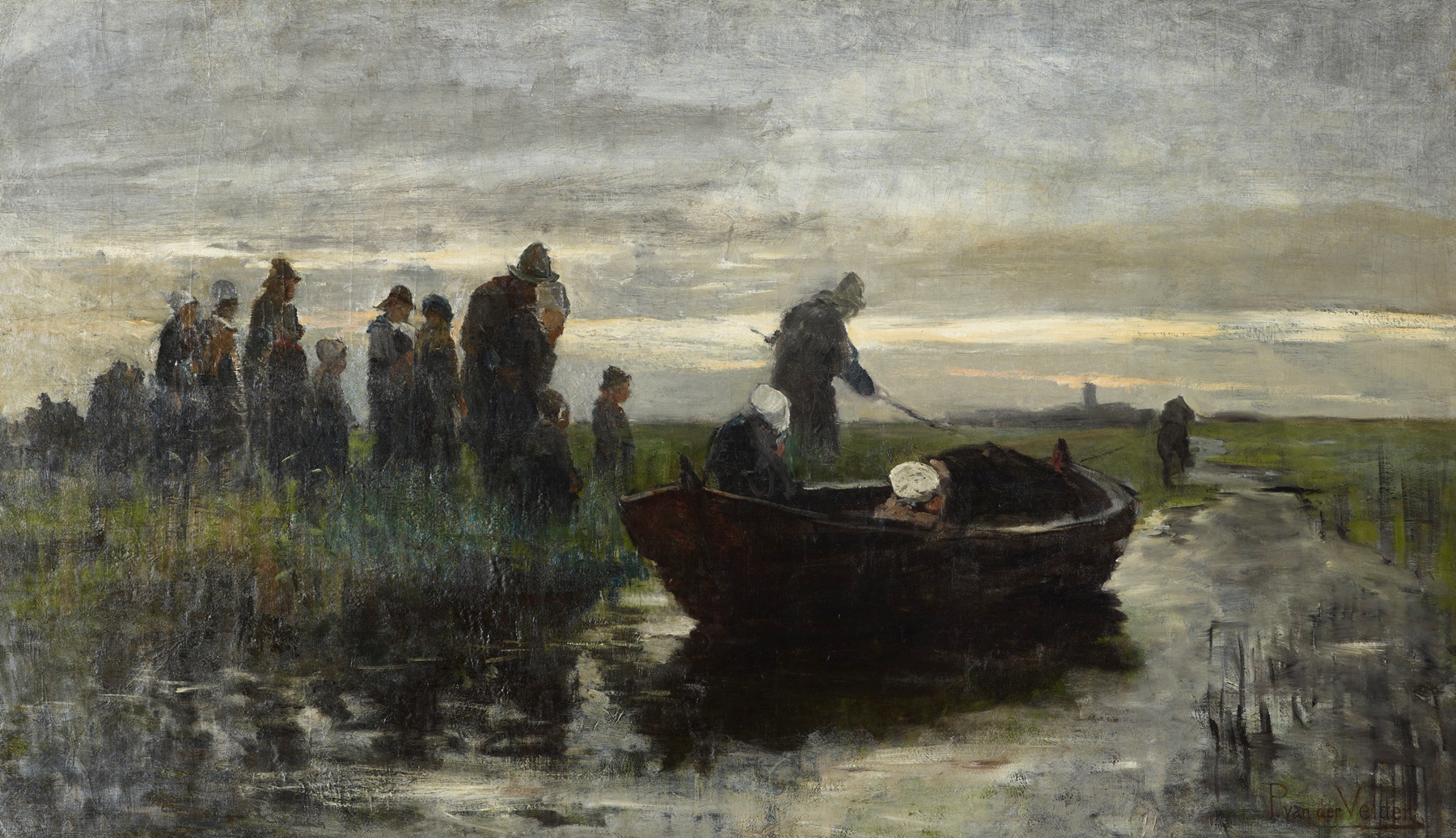 Marken funeral barge by Petrus van der Velden, oil painting of an ornate barge on water.