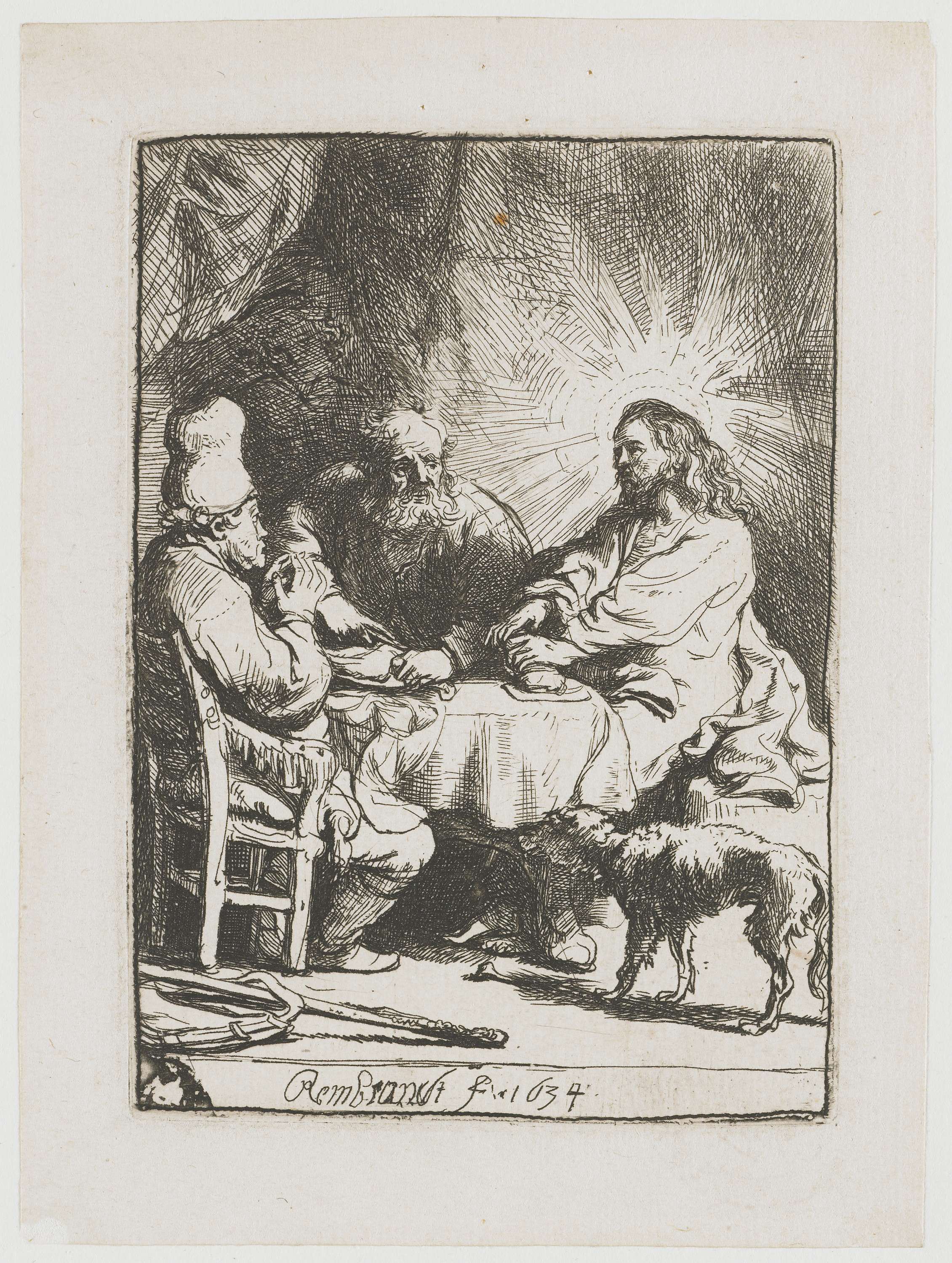 The Supper at Emmaus, etching by Rembrandt van Rijn, depicting a moment of recognition at a table.