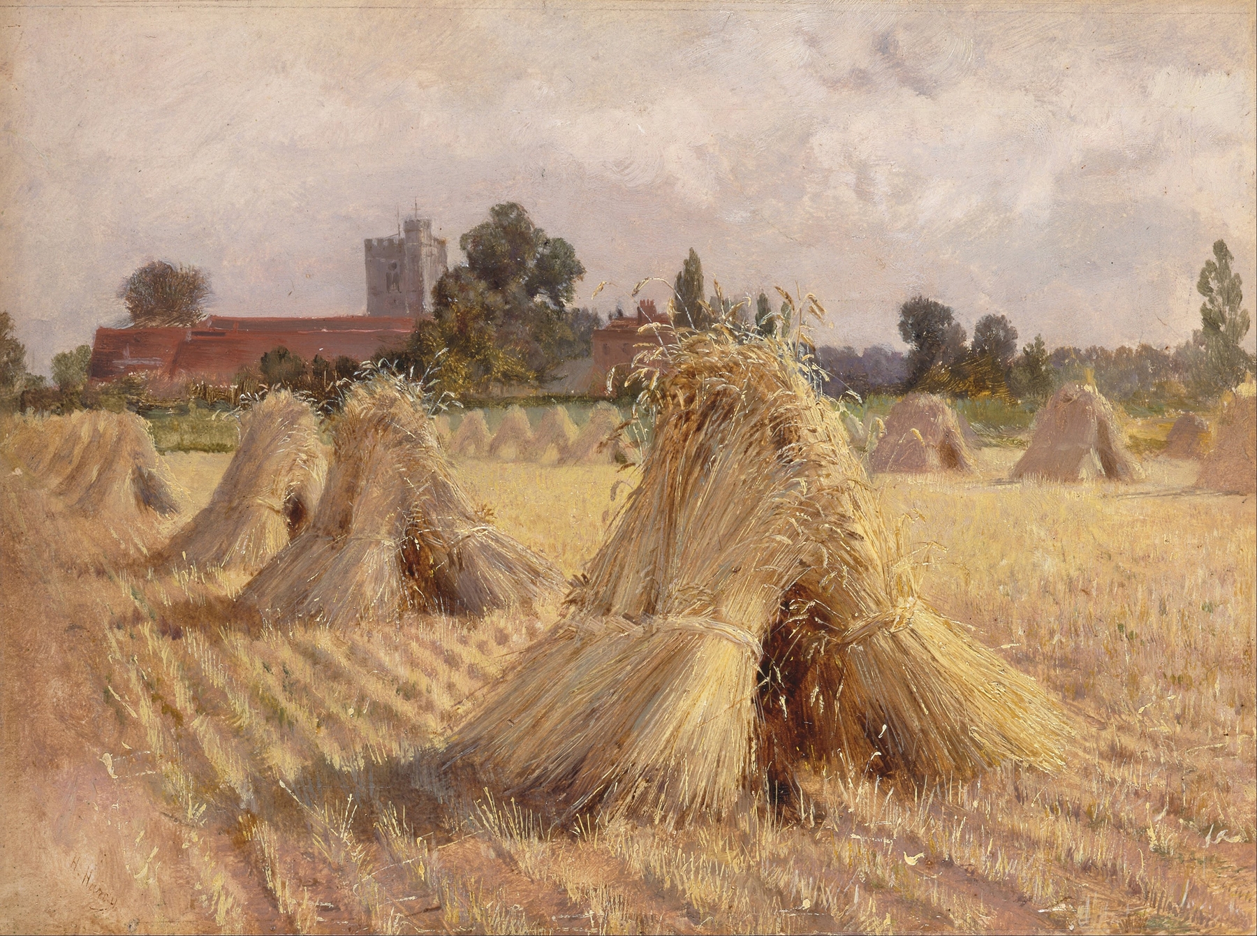 Corn Stooks by Heywood Hardy, oil on canvas, depicting corn fields under golden light.