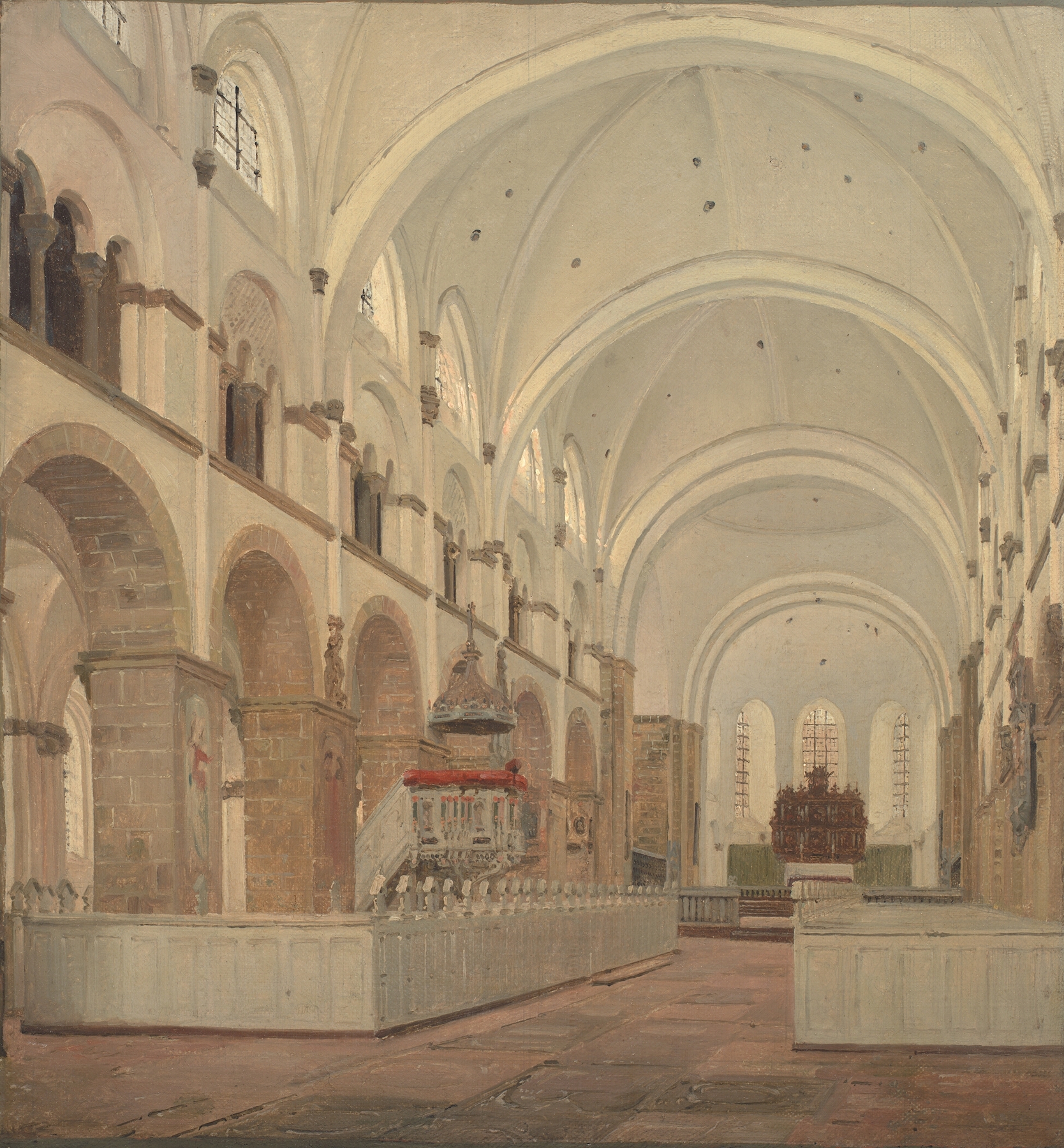 Interior of Ribe Cathedral, oil painting by Jørgen Roed, featuring intricate columns and stained glass.