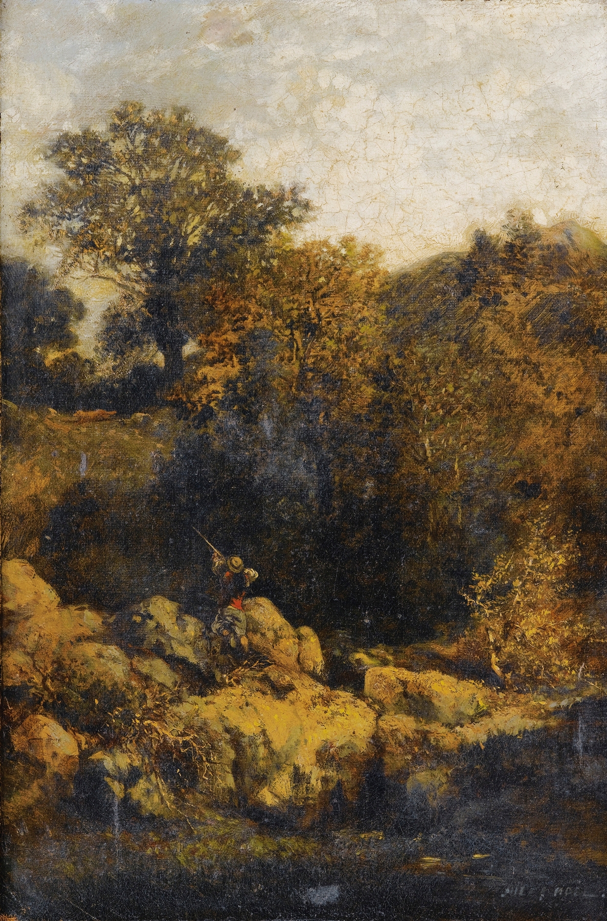 Hunter In A Landscape by Jules-Achille Noël, oil painting depicting a hunter with a bow in a vast landscape.