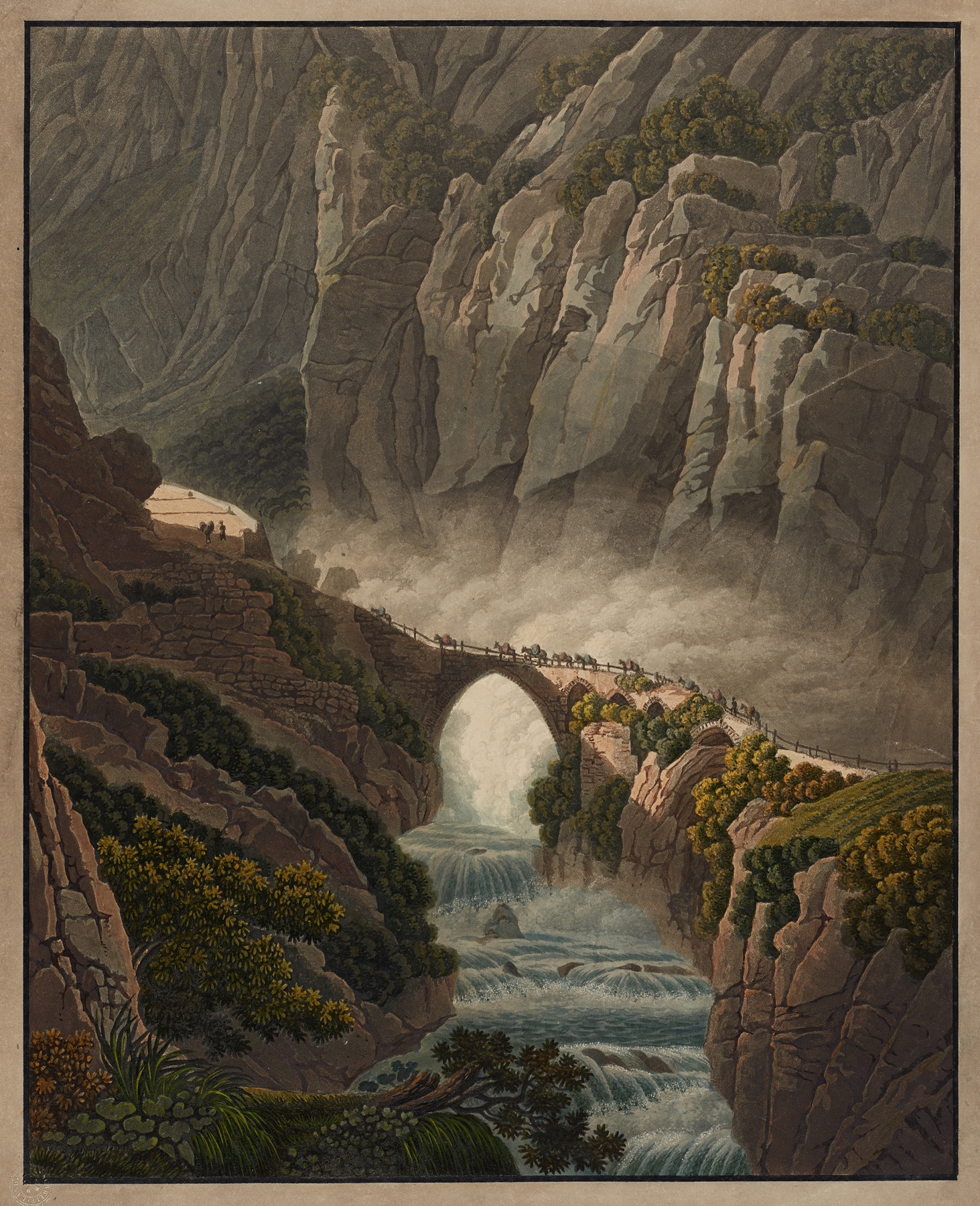 Le Pont du Diable au St. Gotthard by Peter Birmann, oil on canvas depicting an alpine landscape with a bridge.