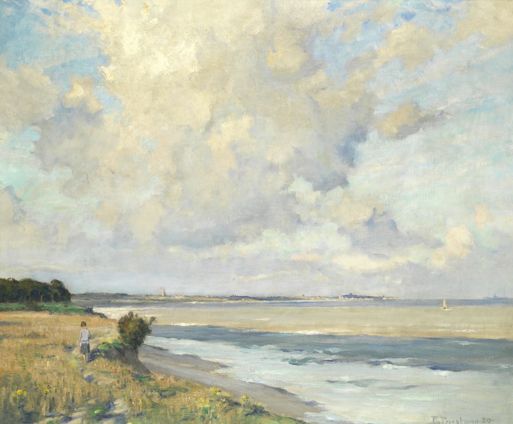 The South West Wind, Gorleston by Bertram Priestman, oil painting depicting restless waves and dramatic clouds