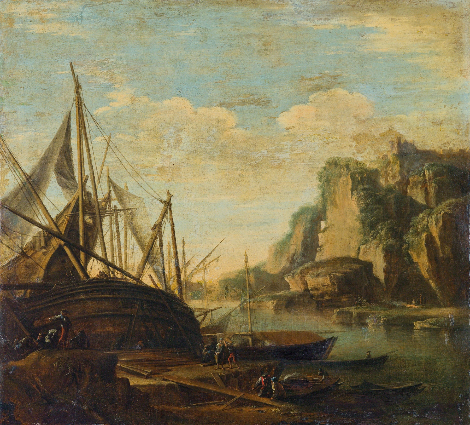 Mediterranean coastal landscape with a ship by Salvator Rosa, oil painting