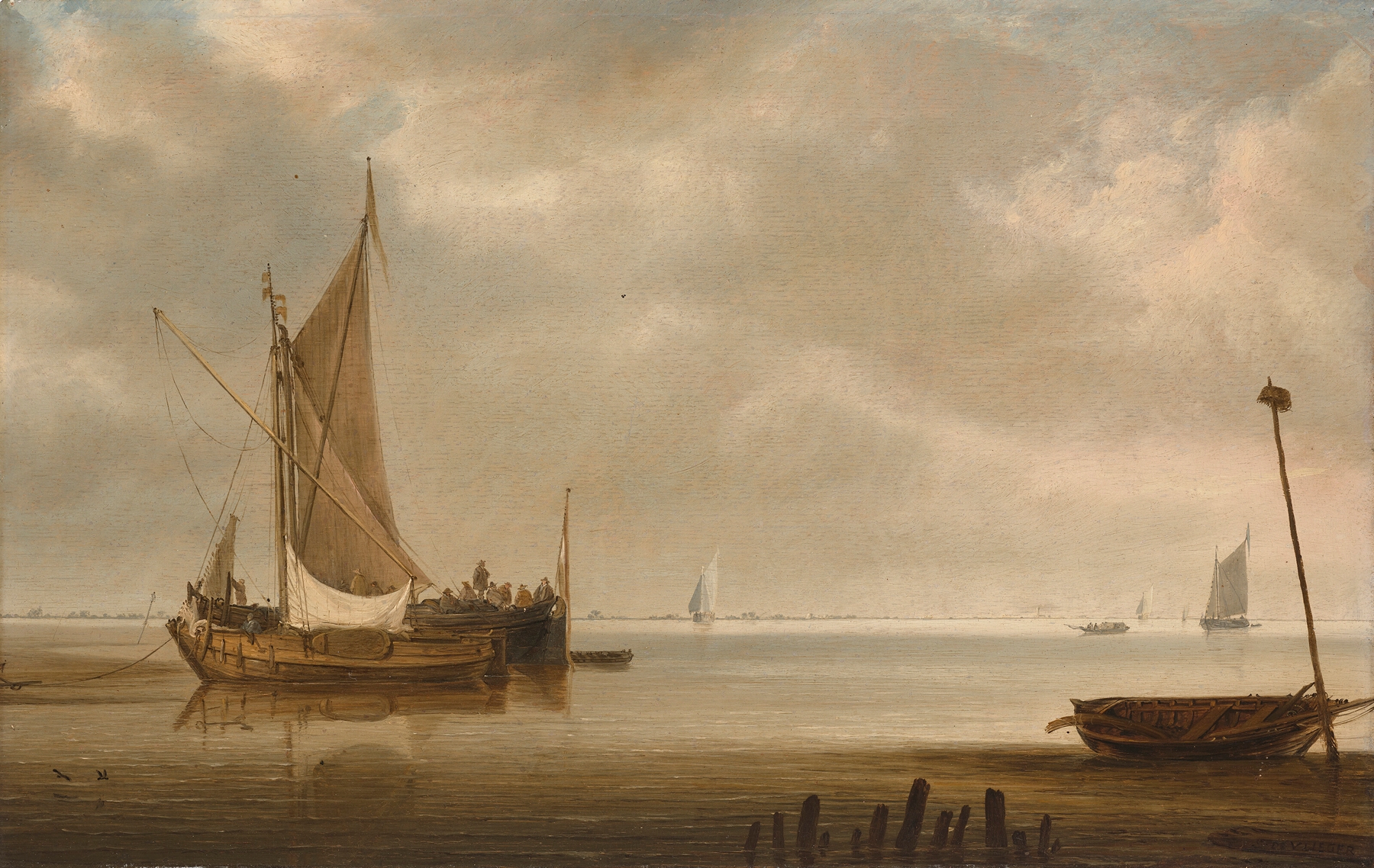 A calm estuary with a smalschip and a waterschip at anchor, with other ships in the distance, by Simon de Vlieger, public domain